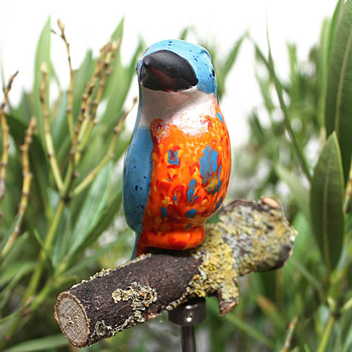Keramik-Eis-Vogel auf Stab (Stück) Ast, Gartenfigur mit Tangoo blau Tangoo türkis, gepunktet