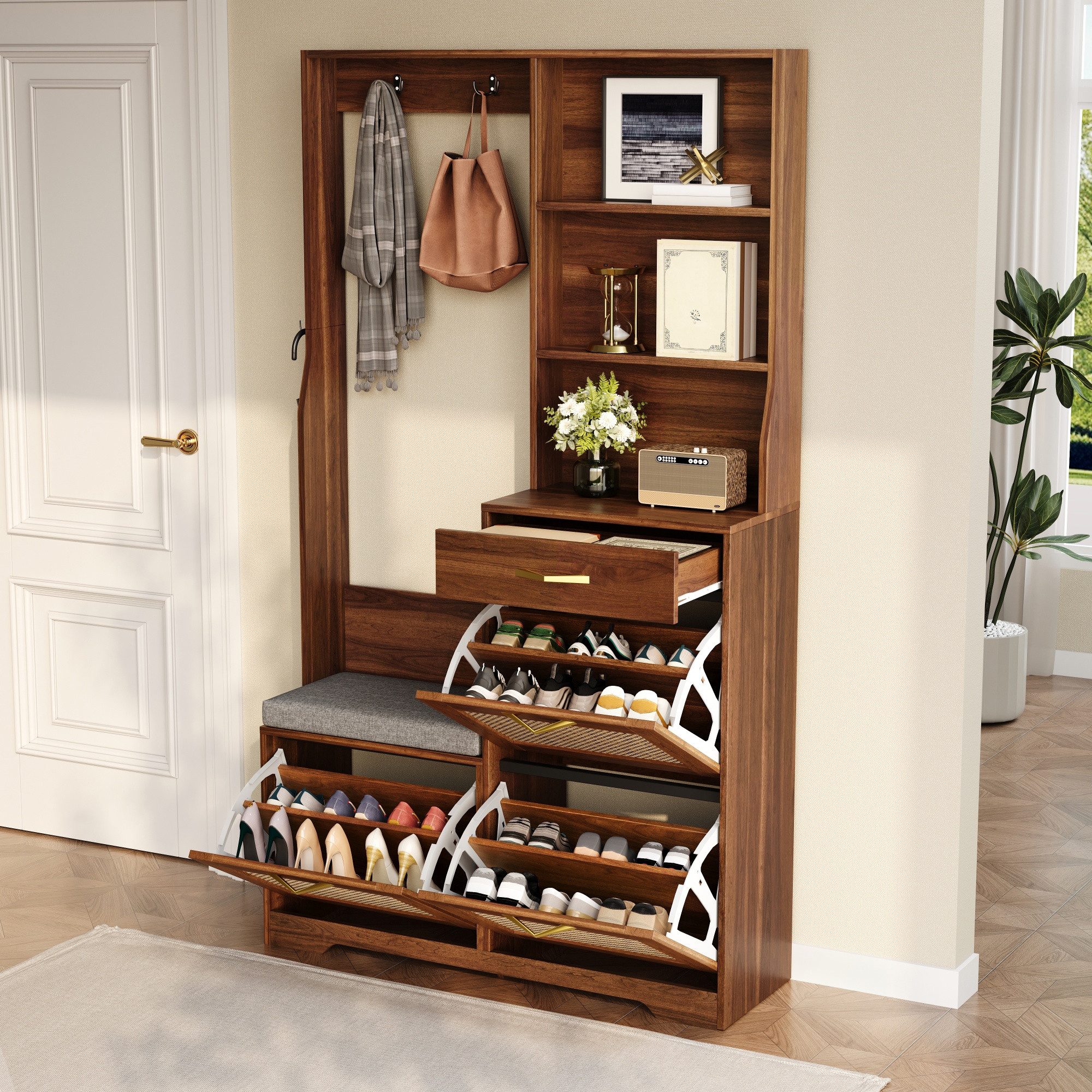 STILVORA Highboard Garderobenschrank mit Sitzbank Schuhschrank mit Schubladen (Flurgarderobe mitSchuhklappen, Rattan-Optik, Haken, offenen Regalen, Holzdekor), für Wohnzimmer, Flur und Schlafzimmer