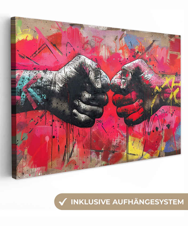 OneMillionCanvasses® Leinwandbild Straßenkunst - Graffiti - Hände - Kunst - Abstrakt, Bunt - Hände (1 St), Leinwand Bilder Klein, Wand Dekoration 30x20 cm