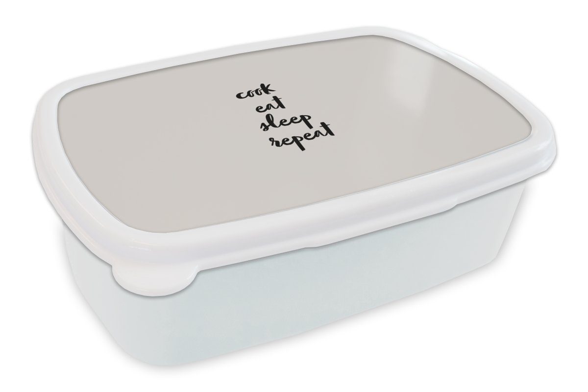 MuchoWow Lunchbox Zitate - Essen - Sprichwörter - Kochen essen schlafen wiederholen -, Kunststoff, (2-tlg), Brotbox für Kinder und Erwachsene, Brotdose, für Jungs und Mädchen weiß
