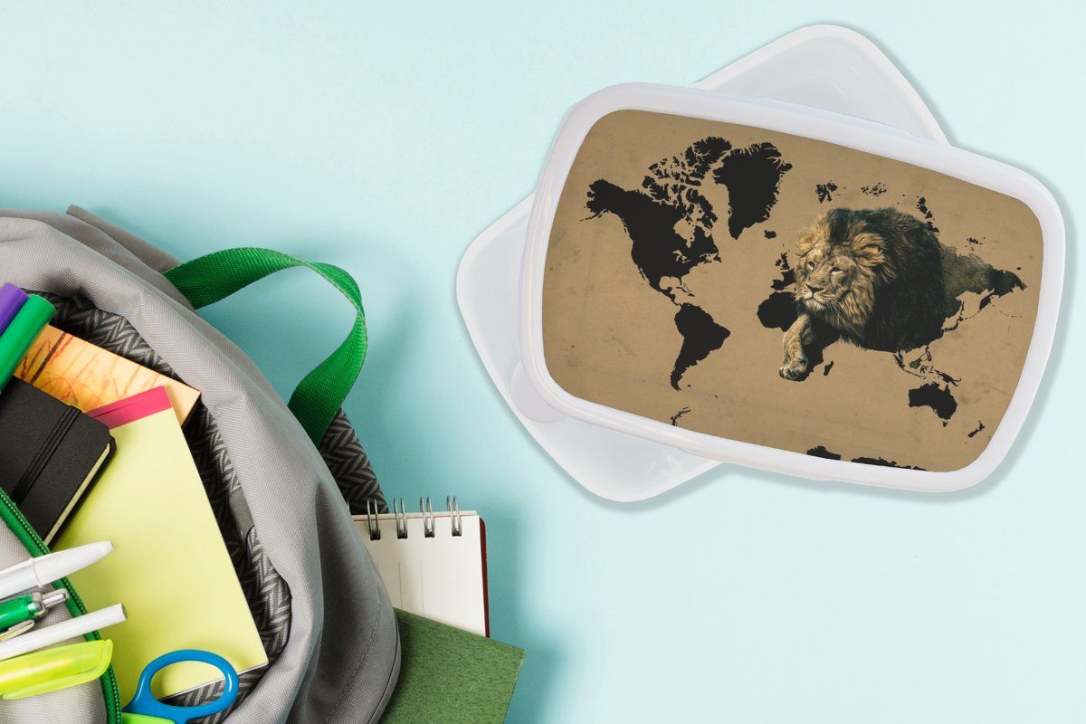 für Braun MuchoWow - Lunchbox Löwe, Erwachsene, Kunststoff, Brotdose, für Jungs Brotbox Weltkarte und Mädchen (2-tlg), weiß und Kinder -
