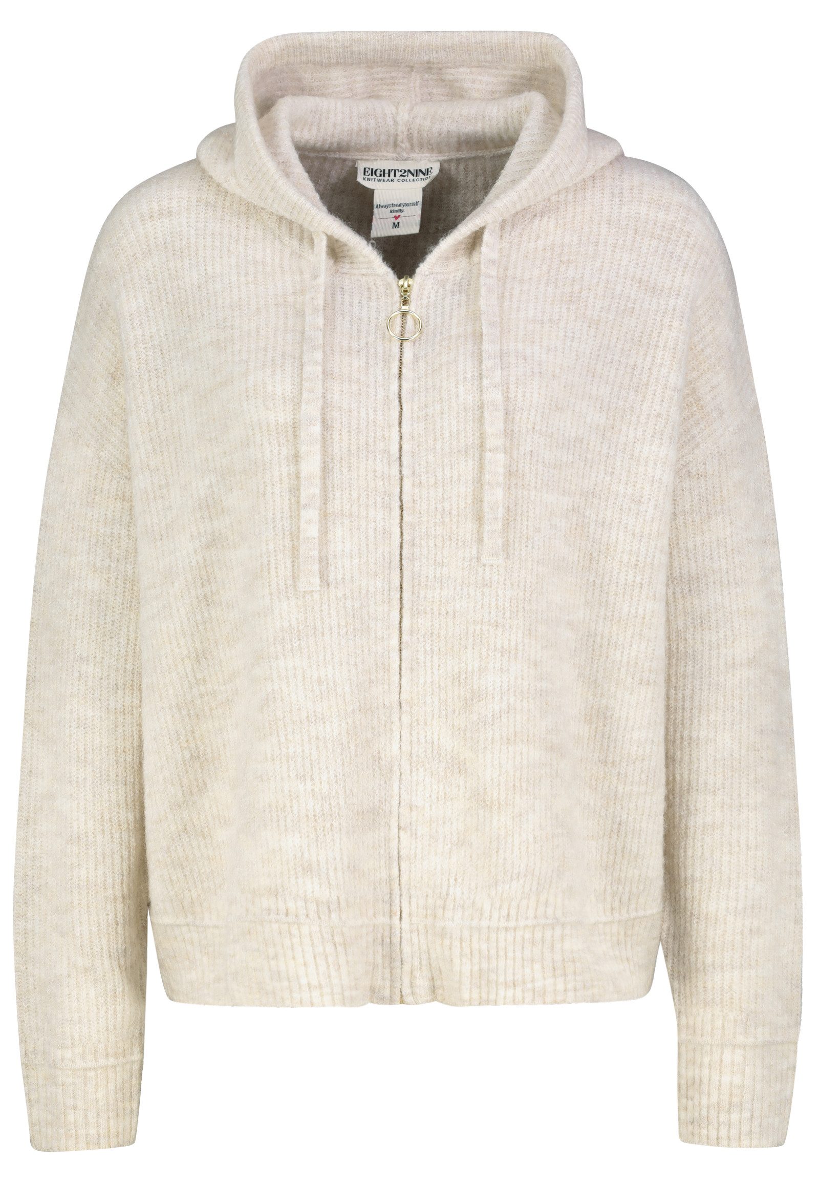 Eight2Nine Cardigan Kapuze Ring-Zipper Biesendetail für Damen (1-tlg) Flachstrickkordel, Rippensaum, Gerippte Ärmelabschlüsse