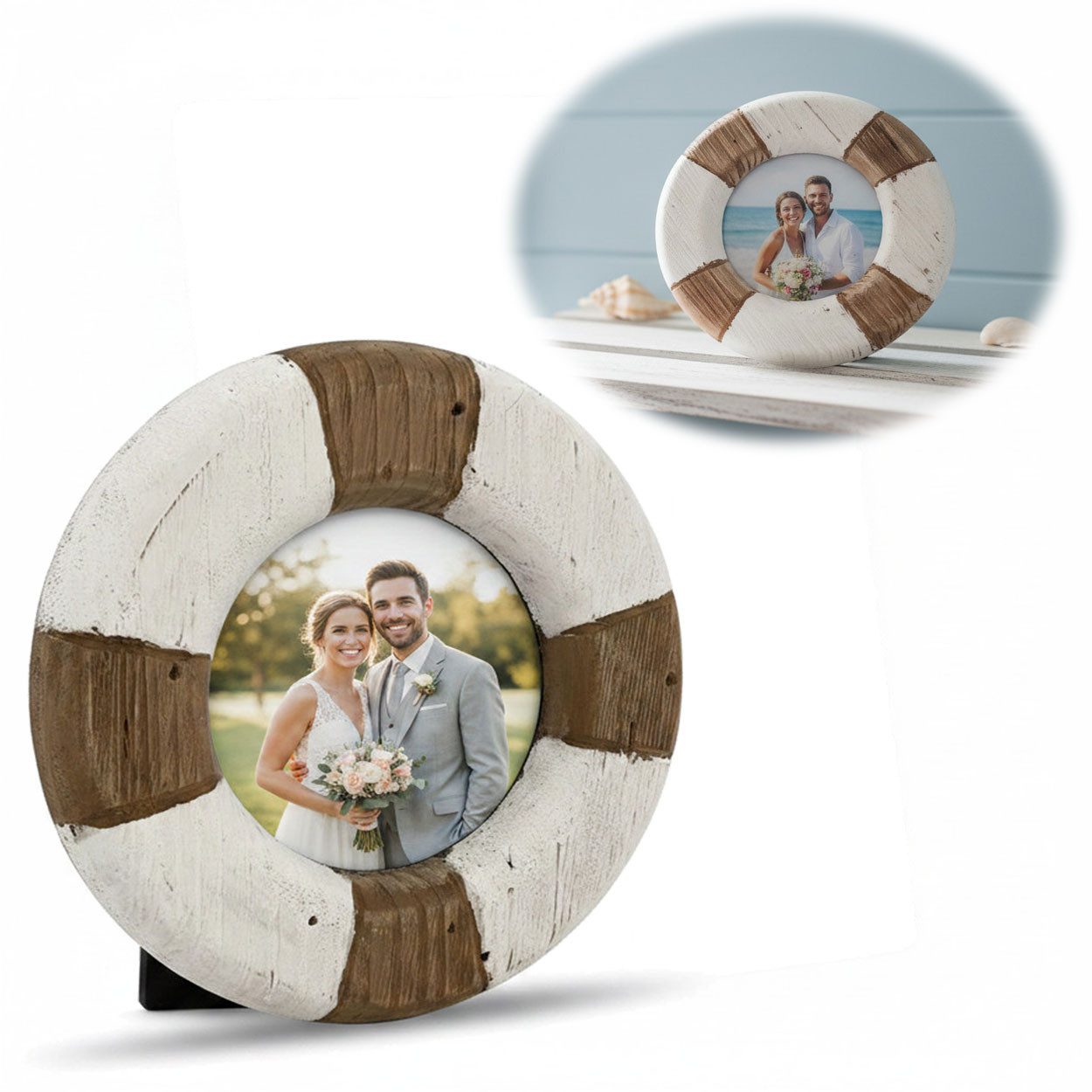 LS-LebenStil Bilderrahmen Maritim Holz 15cm Rund Fotorahmen Steuerrad Vintage Braun Aufsteller, für 1 Bilder (1 St), Fotorahmen Aufsteller, Portrait Rund 9x9cm, Ideal für Hochzeitsfotos Babybilder Kinderfotos Tauffotos Portraits