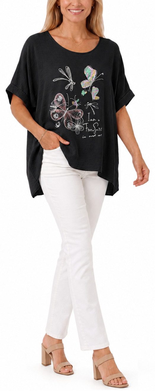 dy_mode Kurzarmshirt Damen Oversize Tunika Sommer Bluse mit Glitzer Shirtbluse Fledermausärmeln, Oversize, mit Glitzer-Steinchen