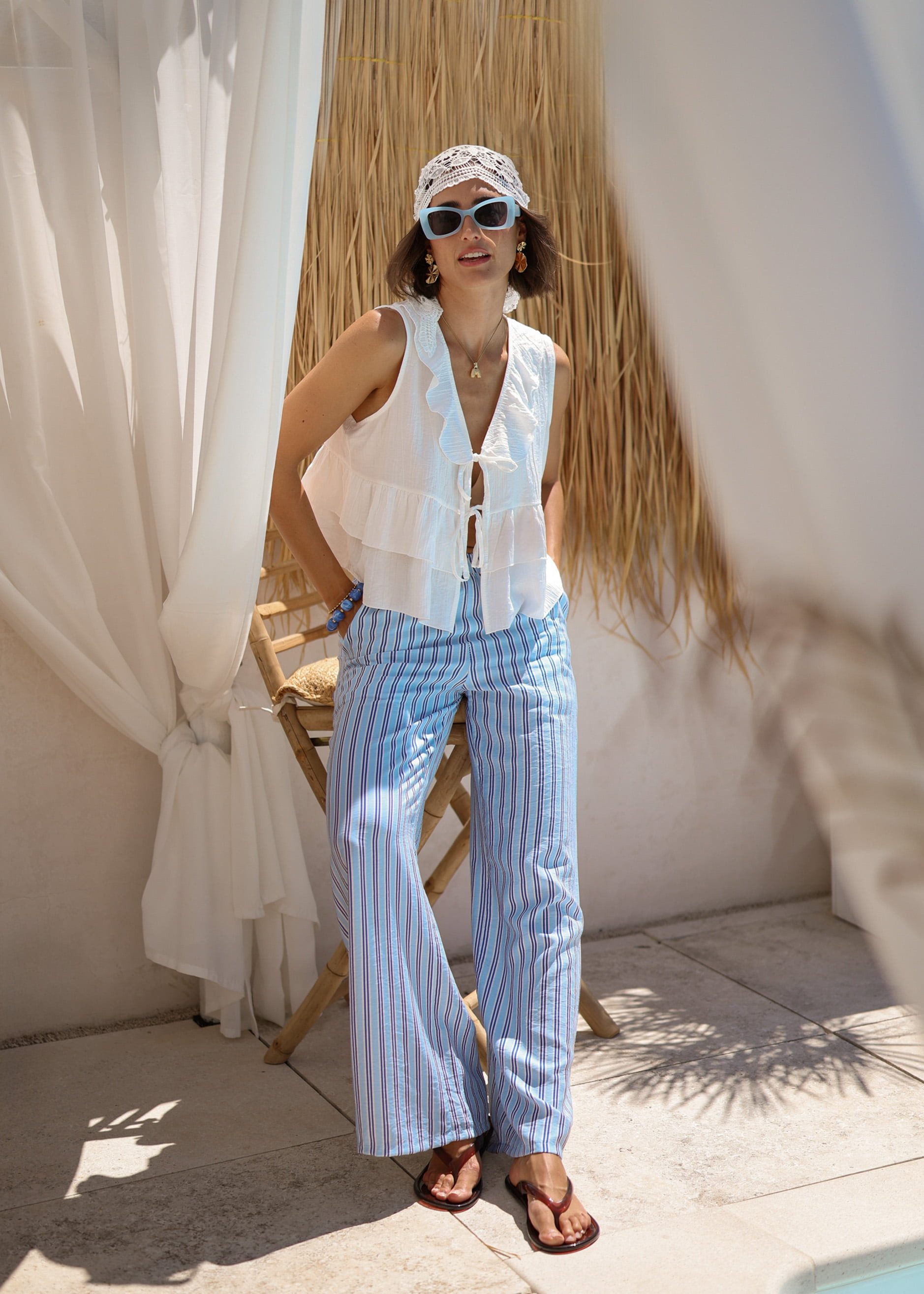 SASSYCLASSY Stoffhose Gestreifte Viskose Hose für Damen Leichte Stoffhose mit weitem Bein und seitlichen Taschen Blau