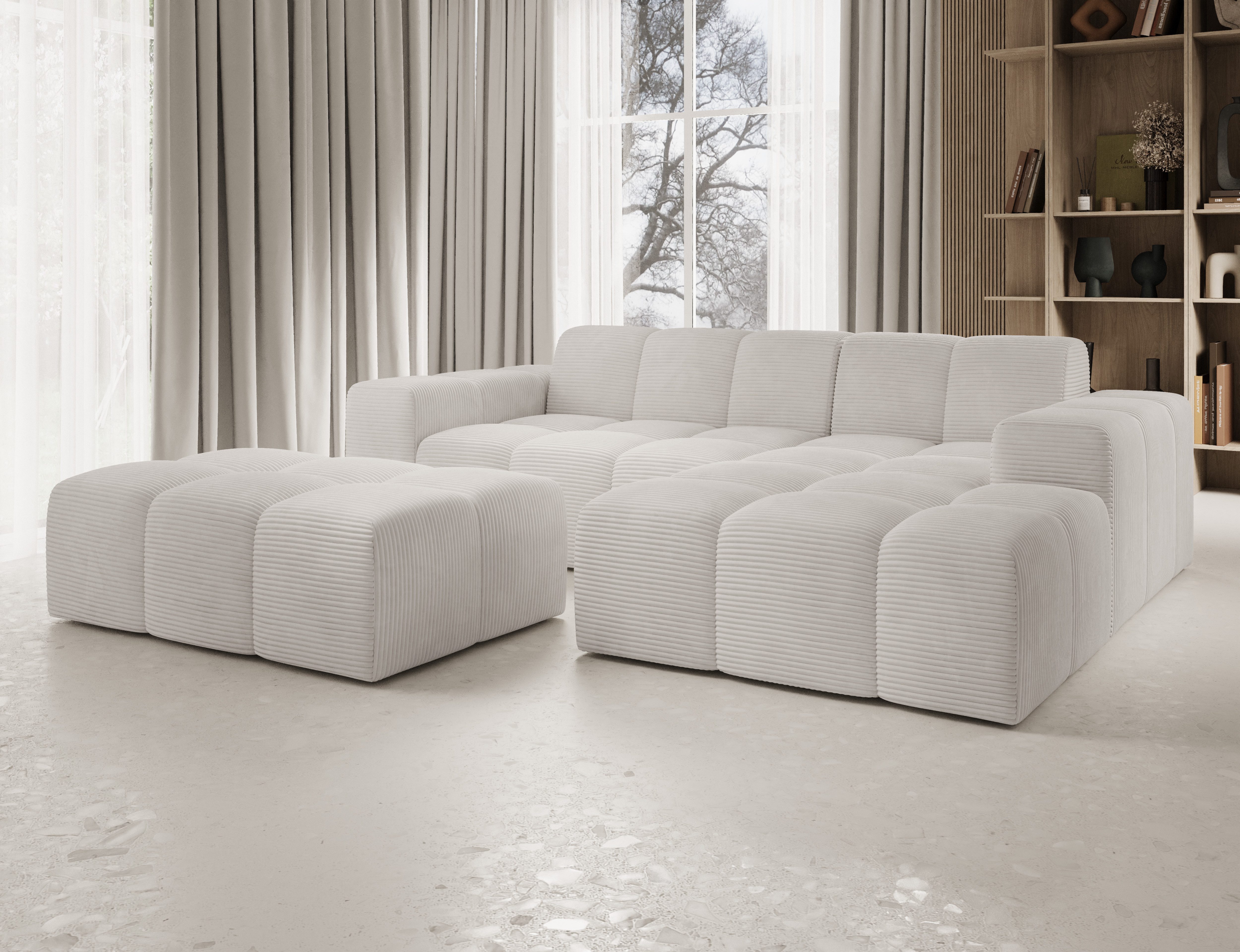 PROMETO Möbel Ecksofa Sofa mit Hocker, Couch L-Form Velours oder Cord-stoff Fogo