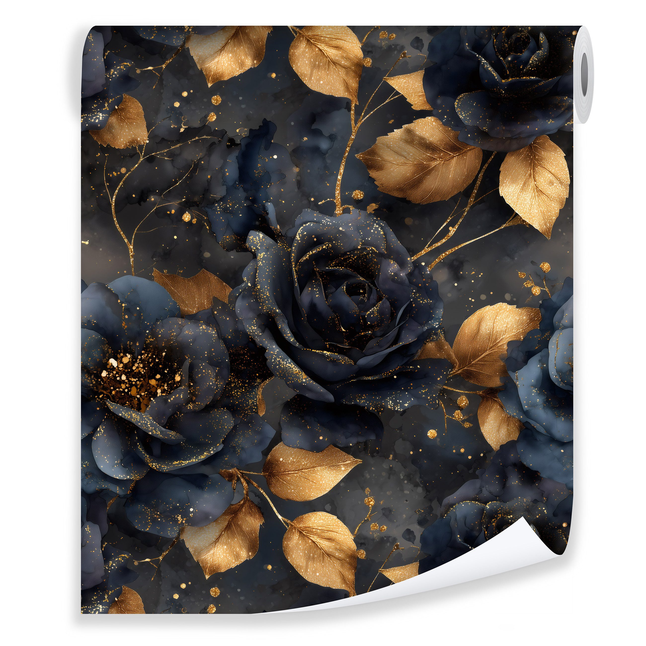 Wallarena Vliestapete Blumen Schwarz Gold Blau Wohnzimmer Schlafzimmer Tapete, Glatt Matt Waschbar Premium Vlies Tapeten von Wallarena, Schwarz, (Vliestapete - Rollengröße: 10 m (Länge) x 50 cm (Breite), 1 St., Vliestapete - Rollengröße: 10 m (Länge) x 50 cm (Breite), Tapete inkl. Kleister Vliestapete Motivtapete Wandtapete - 10m x 50 cm