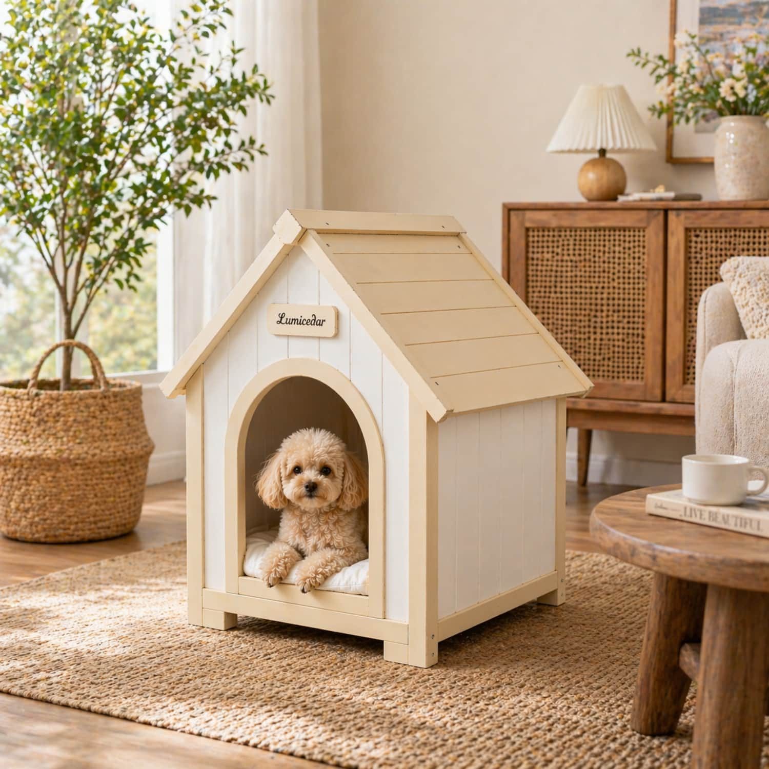 ANYSUN Hundehütte A-förmig Indoor Katzenhaus aus Massivholz mit waschbarem Kissen, Tierhaus,Zedernholz für Katzen & kleine Hunde,Cremeweiß & Gelb