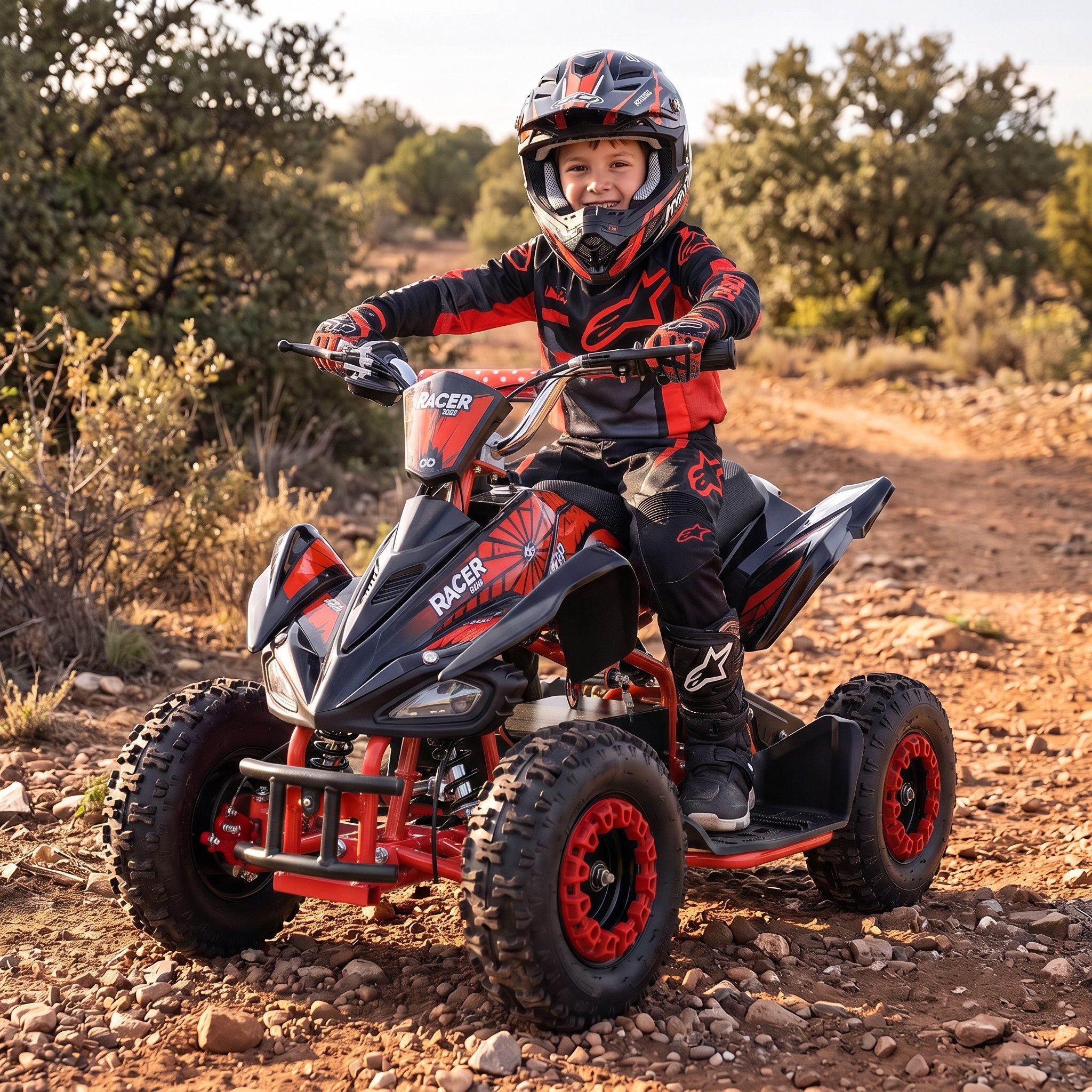 Actionbikes Motors Elektro-Kinderquad Kinder Elektroquad Racer 1000 W 36 V Mini Quad, bis 50 kg, Scheibenbremsen, Safety Touch System Fußschalter
