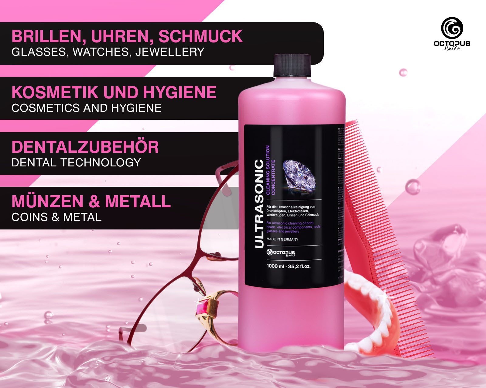 OCTOPUS Fluids Ultraschallreiniger 2x250ml Ultraschall Spezialreinigungskonzentrat Amethyst, 2x 250 ml Made in Germany