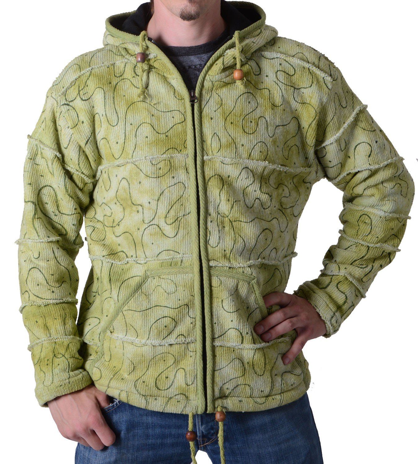 Kapuze Blouson Patchwork Herren Grün MAGIE KUNST Goa mit Strickjacke Hippiejacke UND - in