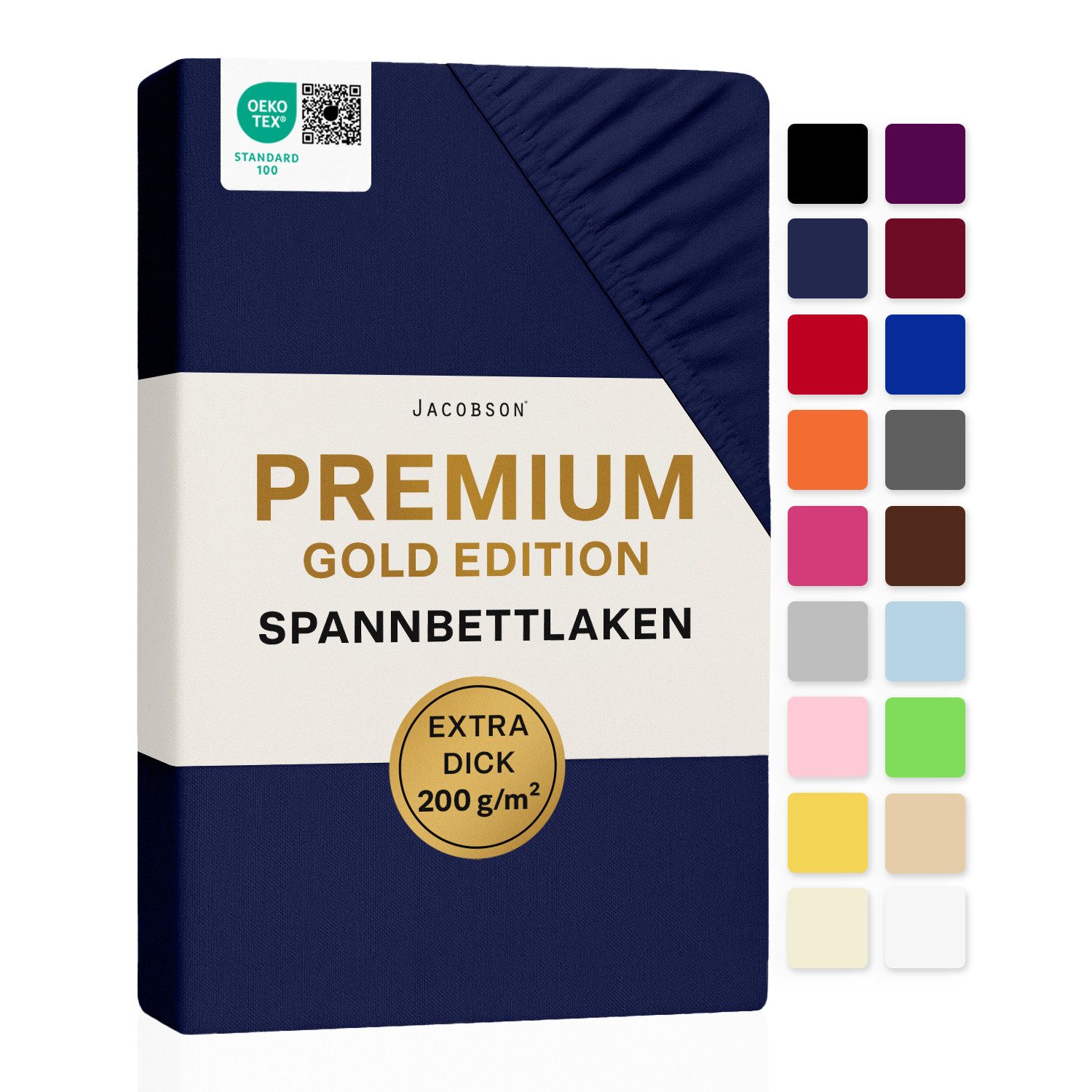 Jacobson Spannbettlaken PREMIUM 200 g/m² Jersey aus 97% Baumwolle & 3% Elasthan, Extra dichtes Bettlaken mit maximalem Halt