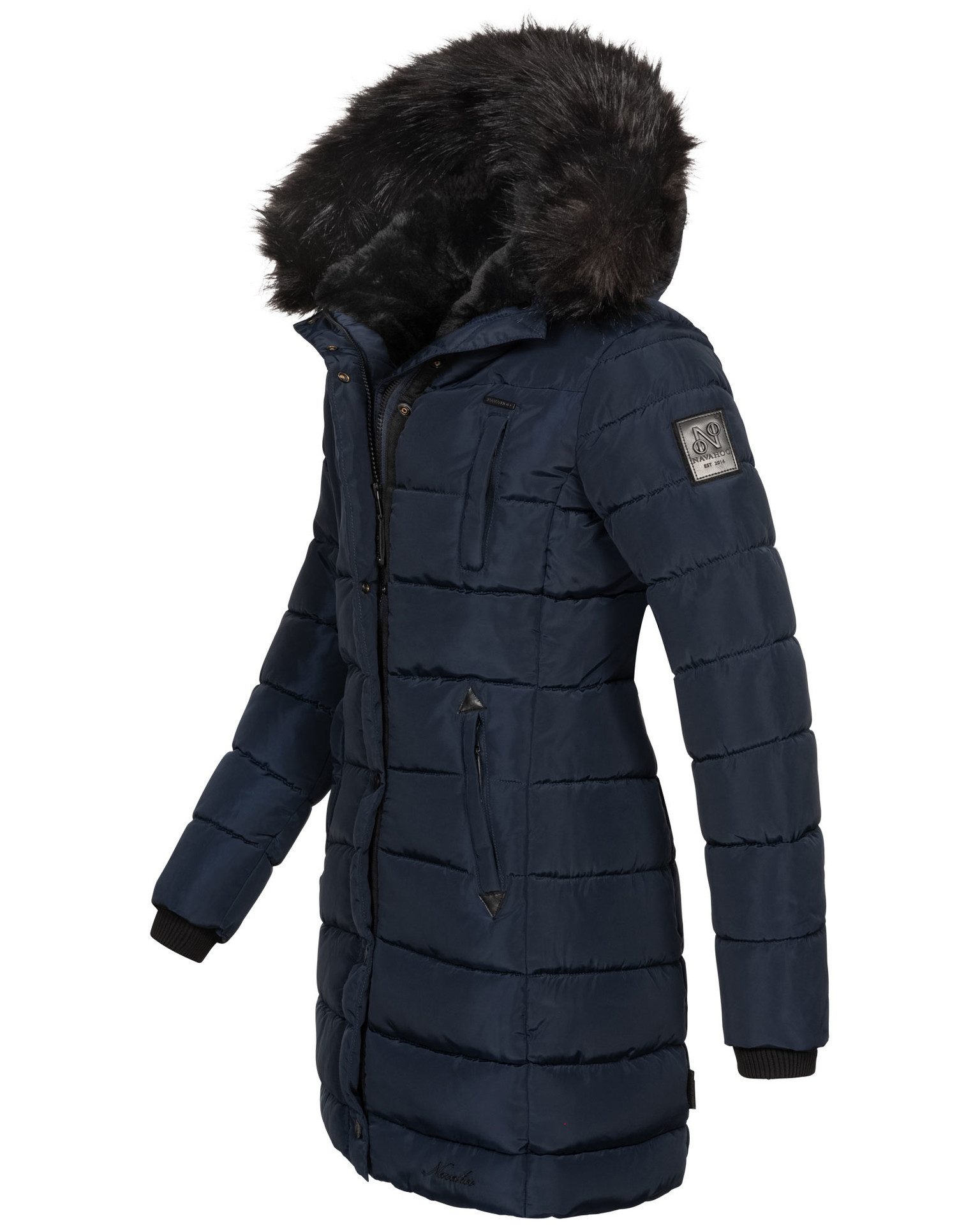 Navahoo Winterjacke Steppjacke lang mit Kapuze – Warm gefüttert Lange Winterjacke mit Teddyfutter und abnehmbarem Kunstfell