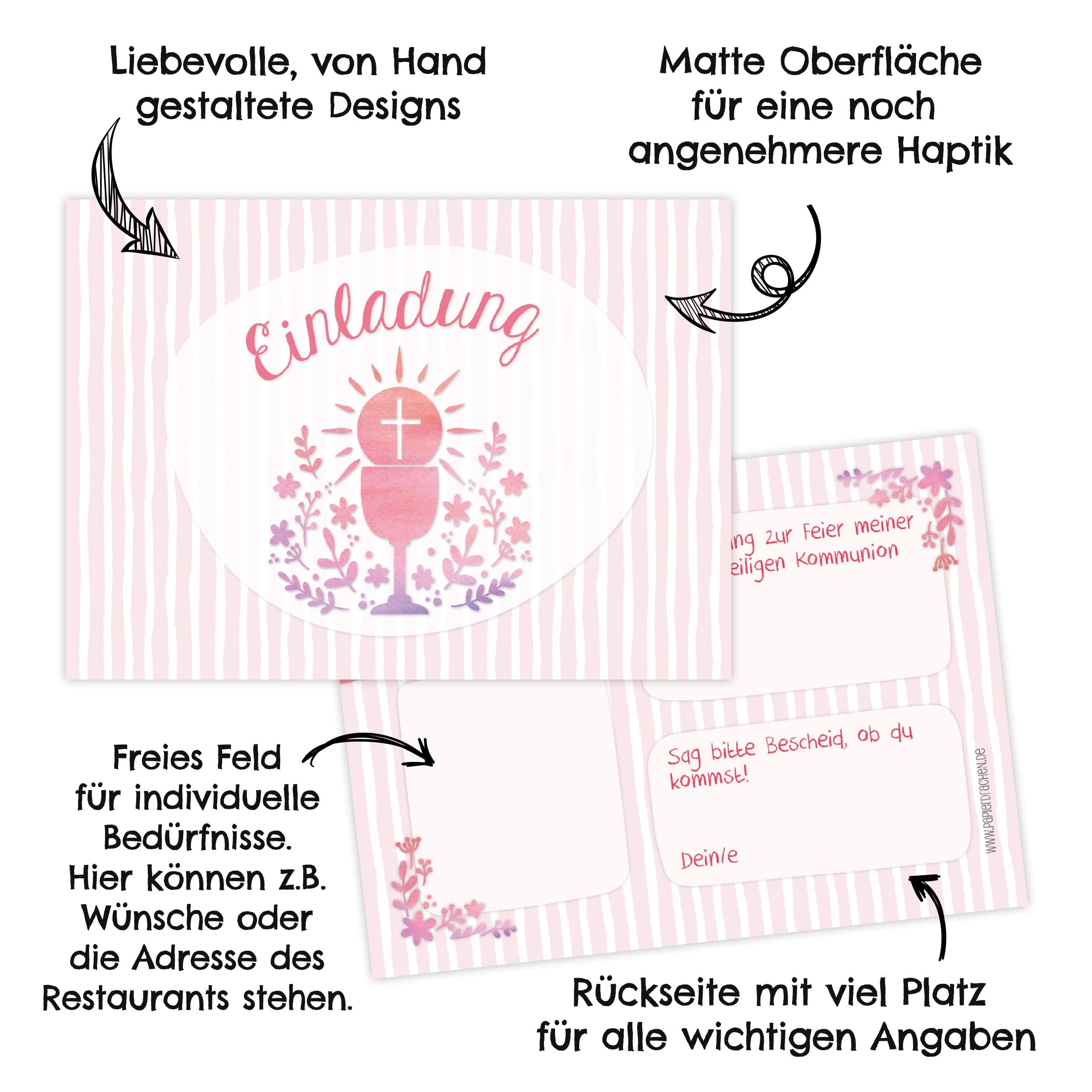 PAPIERDRACHEN Kommunionskarte 12 Einladungskarten zur Kommunion - Einladung zur Heiligen Kommunion, für Mädchen und Jungen -hochwertig gedruckt in DIN A6