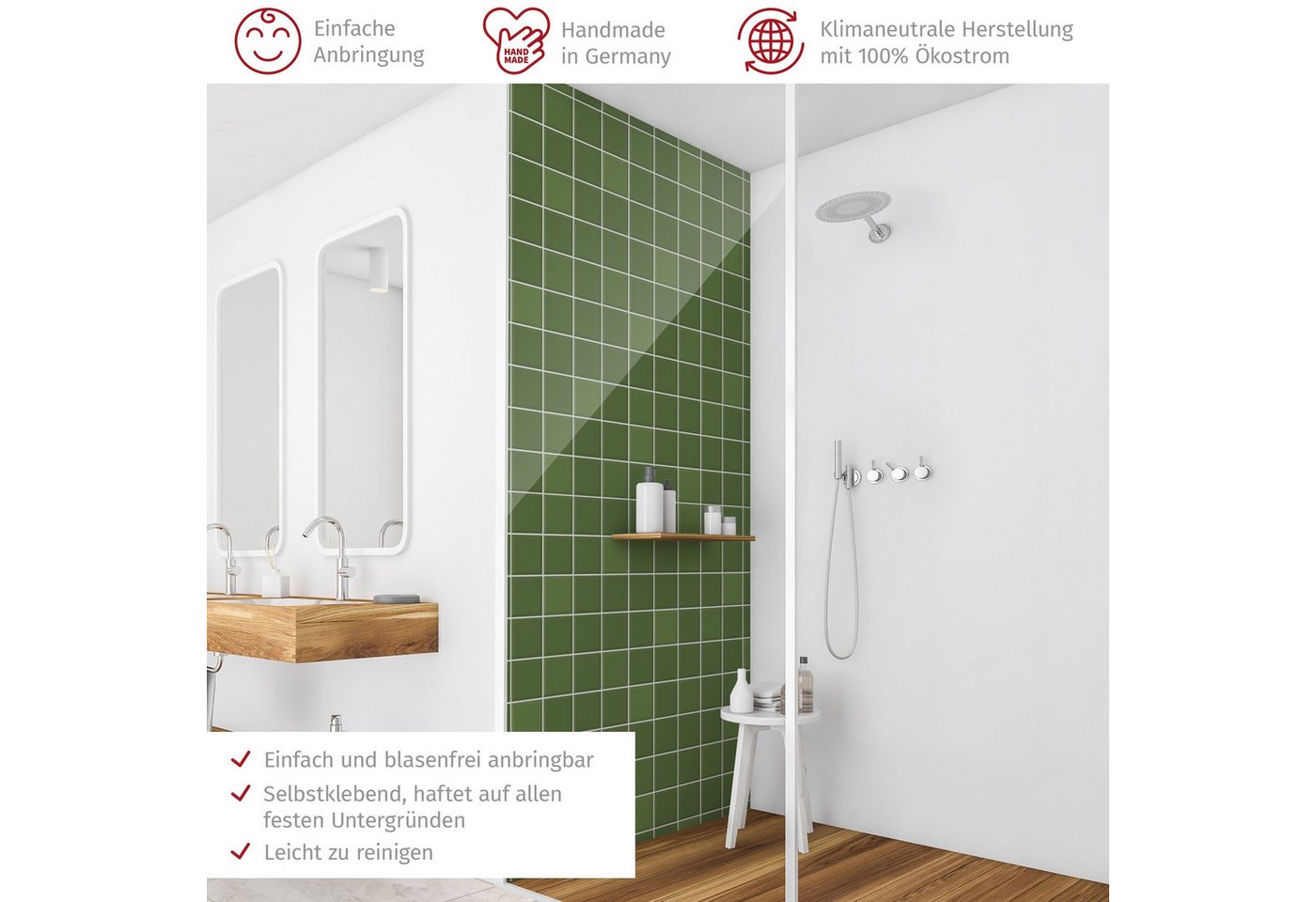 Thumbnail - Bilderdepot24 Badrückwand Fliesenoptik grün Duschrückwand ohne Bohren Dusche, (1-tlg., Hart-Folie Premium matt 0,61 mm),...