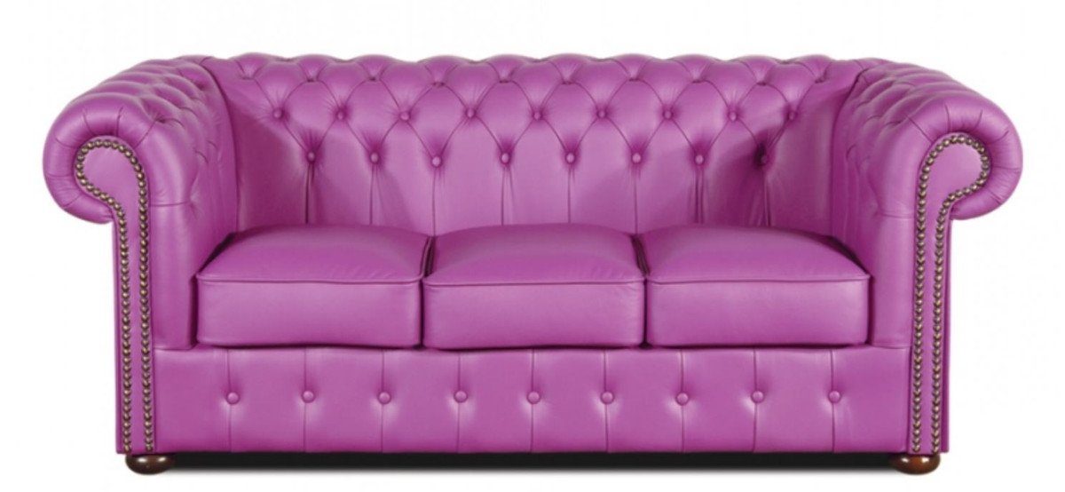 Casa Padrino 3-Sitzer Echtleder 3er Sofa Violett 200 x 90 x H. 78 cm - Luxus Chesterfield Möbel