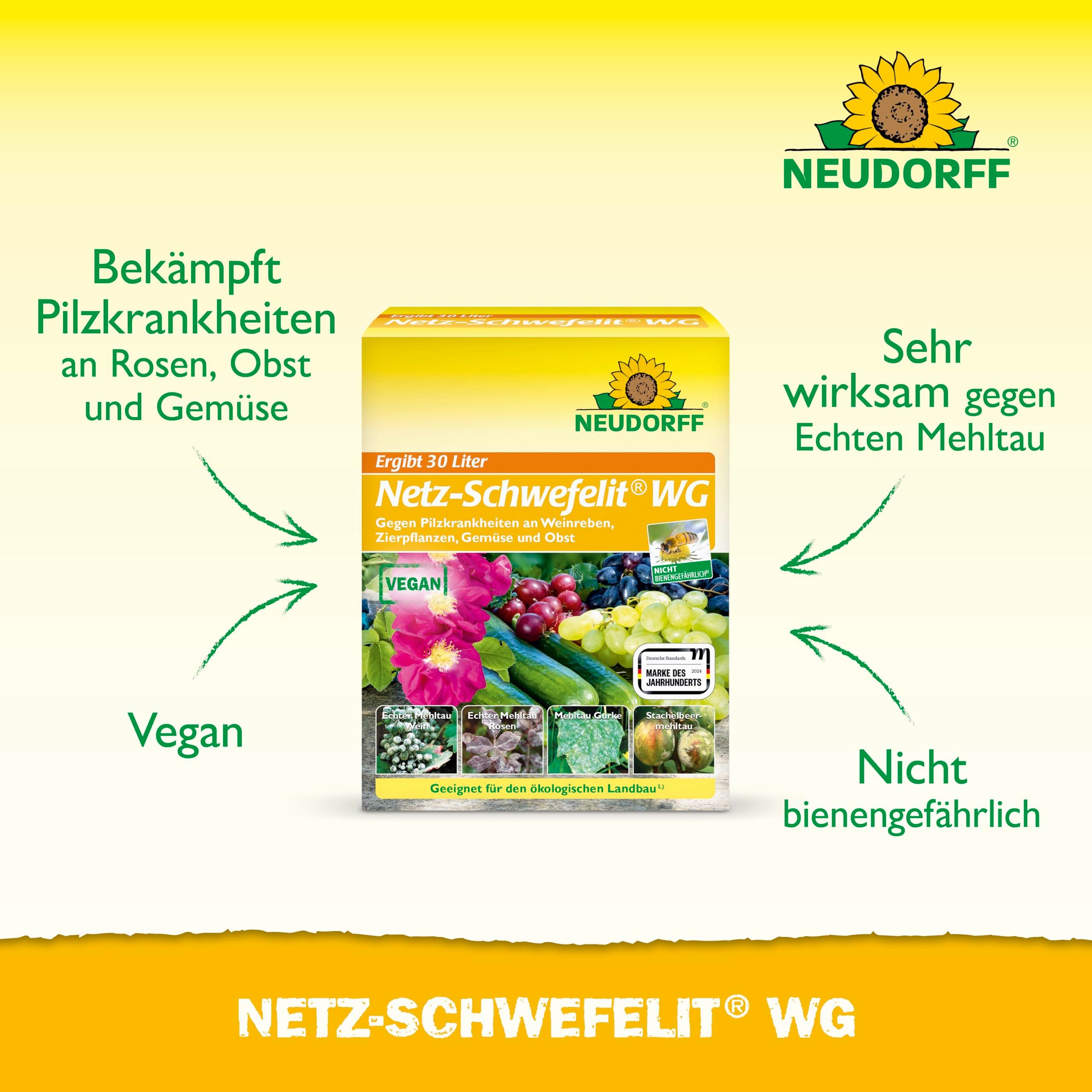 Neudorff Pflanzen-Pilzfrei Netz-Schwefelit WG 75g - 5 Beutel für 30 Liter, Netzschwefel zur wirksamen Bekämpfung von Pilzkrankheiten wie Echter Mehltau an Zierpflanzen wie Rosen, Gemüse und Obst, veganes Mittel gegen Mehltau an Wein, Rosen oder Gurken