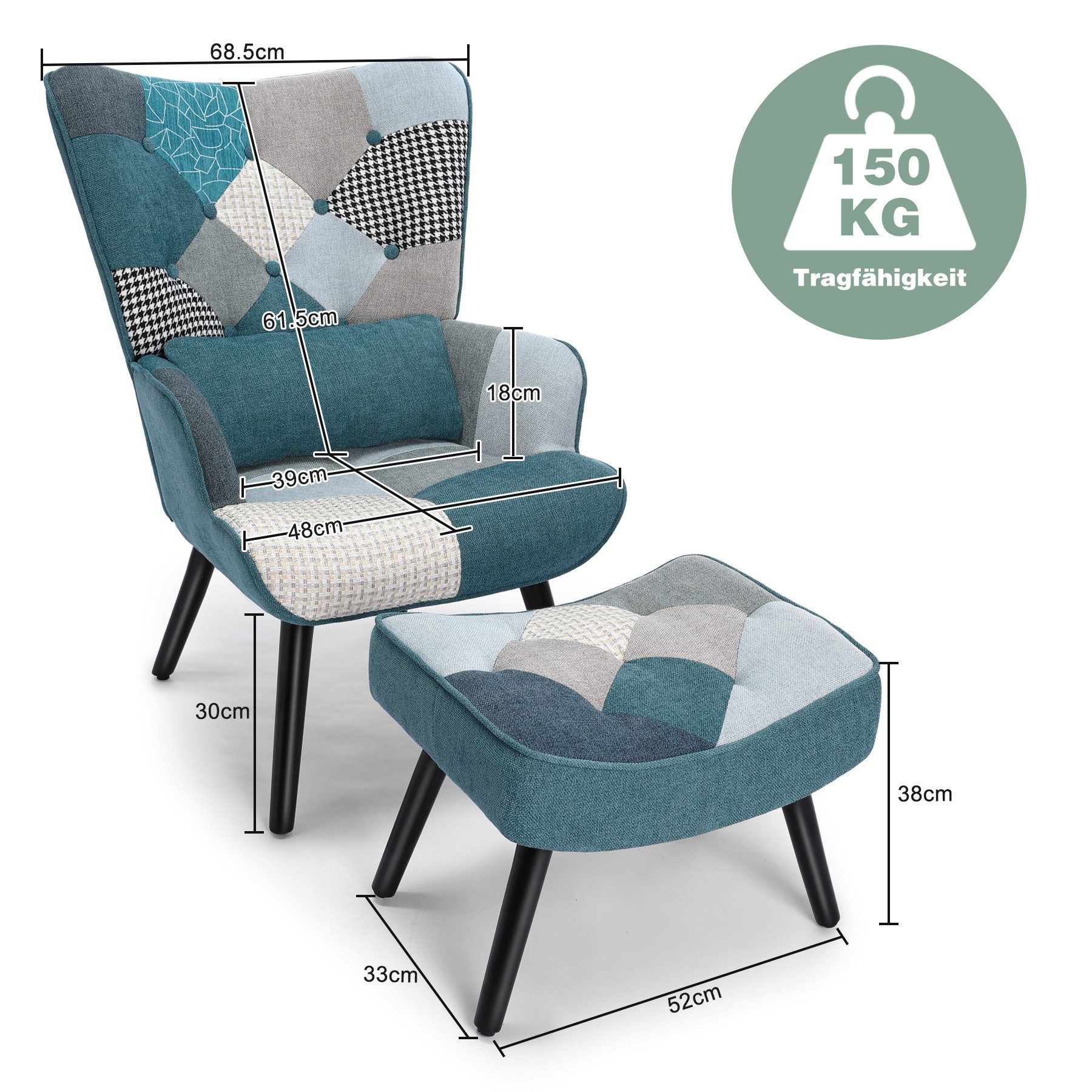 HomeMiYN Ohrensessel Relaxsessel Lehnstühle Patchwork Ohrensessel mit Hocker lesesessel, Chair