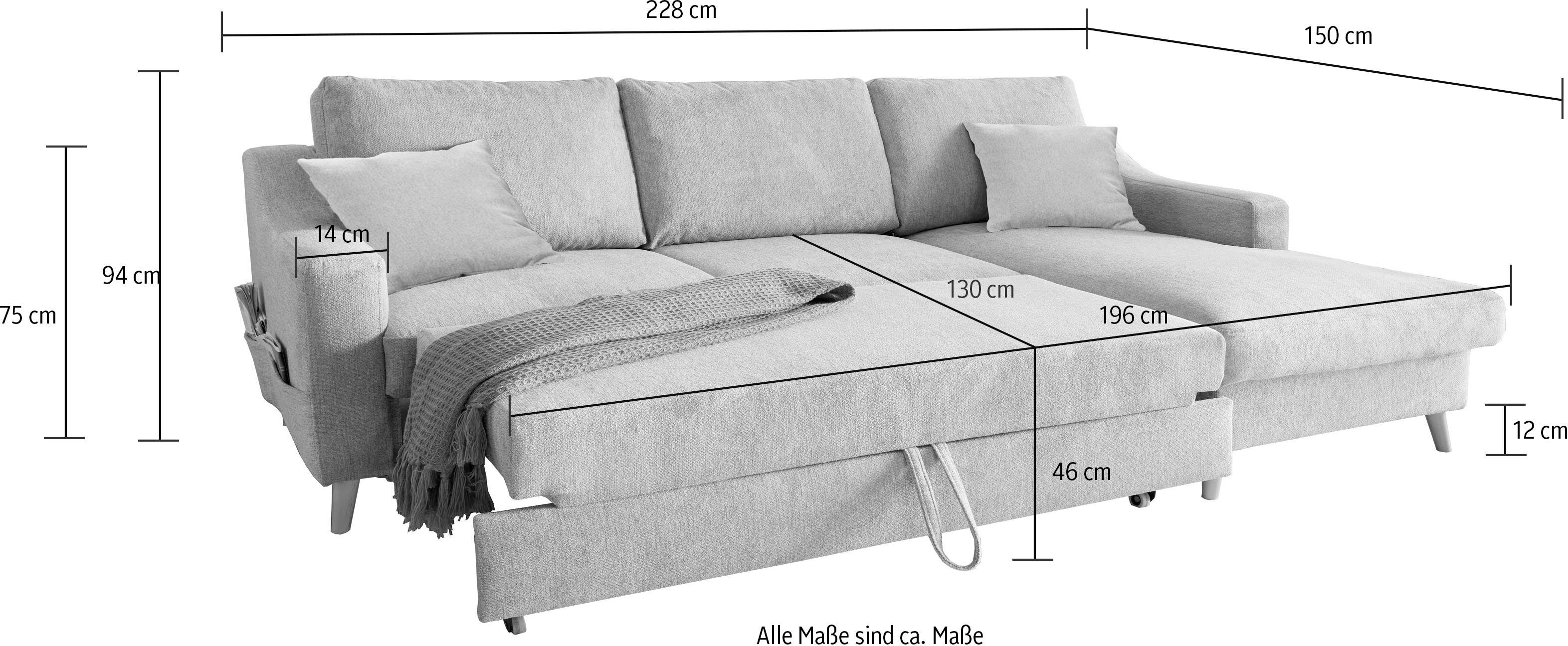 Ecksofa 2 Bettkasten Valentina, Seitentasche, INOSIGN Zierkissen, mit Liegefläche, ausziehbarer