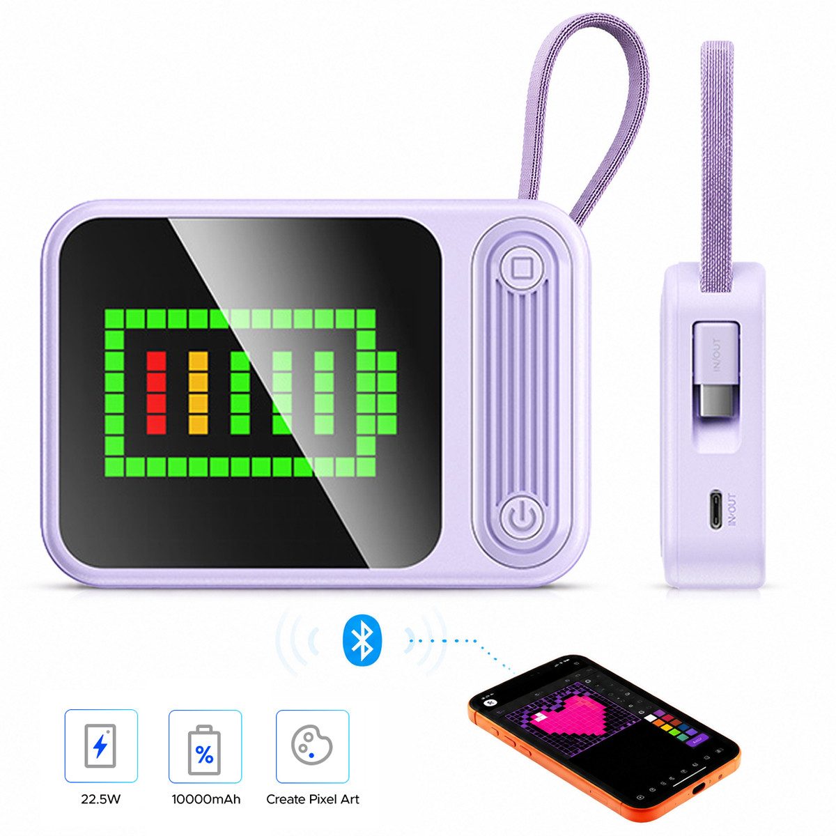 ORICO PixCharge Plus Powerbank 10000mAh mit 22,5W Schnellladung, Powerbank 256-LED Pixel Display & App-Steuerung, integriertem USB-C Kabel 10000 mAh (5V / 9V / 12V V, 1 St), externer Akku für Smartphone & Tablet