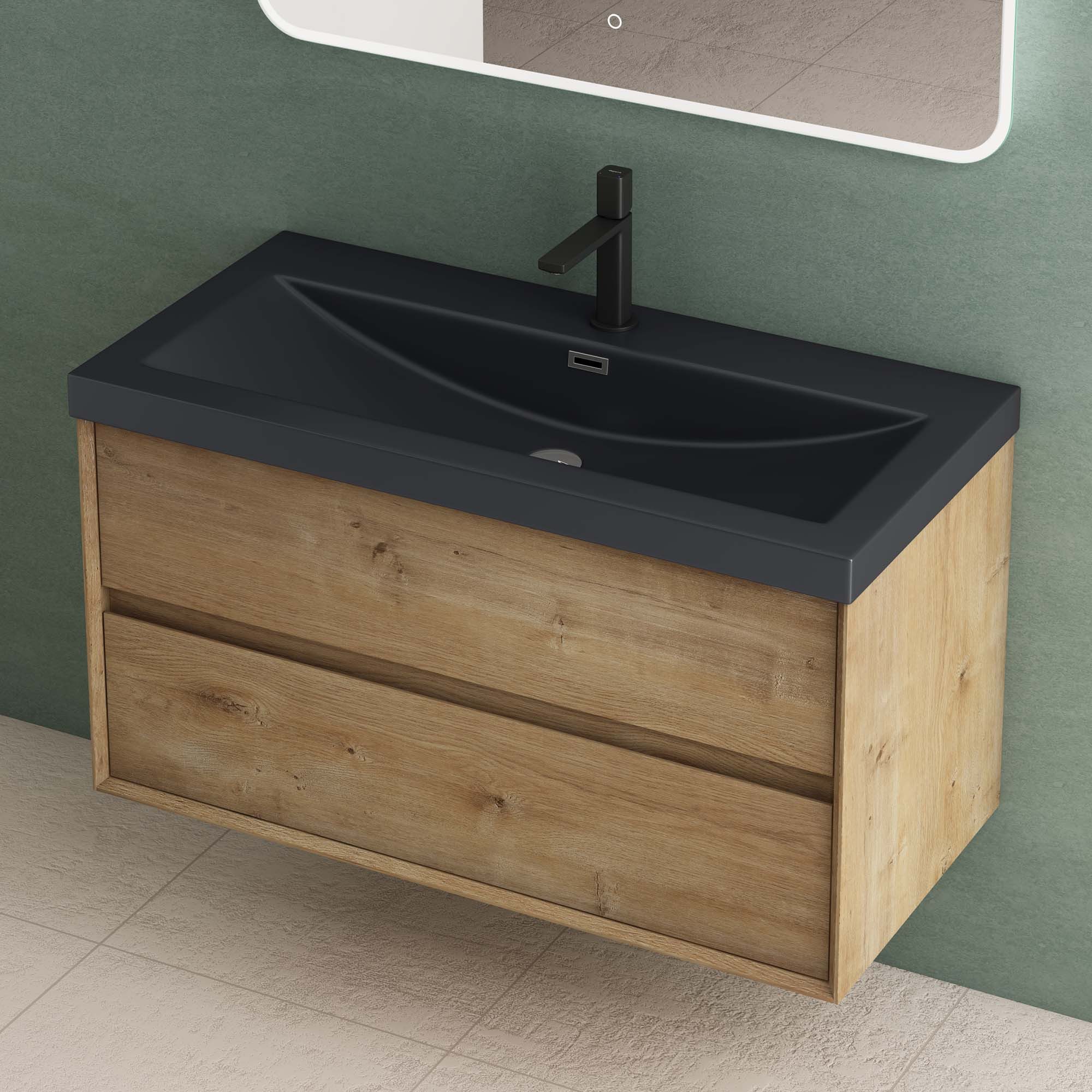 Mai & Mai Waschtisch-Set Waschtisch Anthrazit mit Waschbecken und 2 Soft-Close-Schubladen Rimo, Mineralguss-Waschbecken