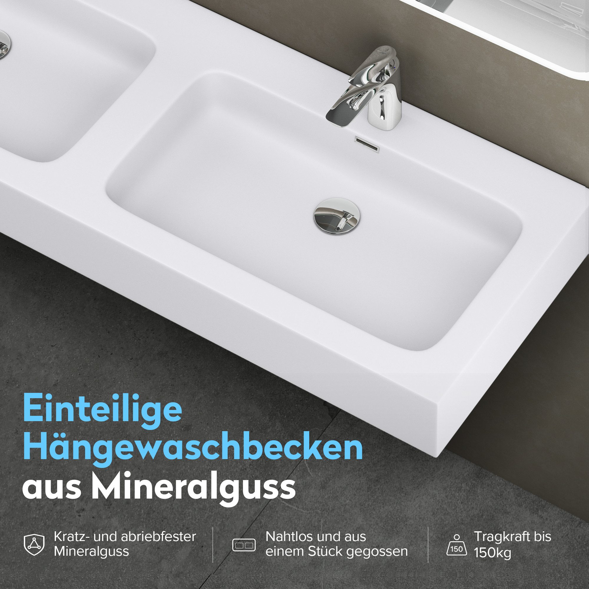doporro Waschbecken Waschtisch Doppelwaschbecken Mineralguss BTH: 140x48x13 Colossum830