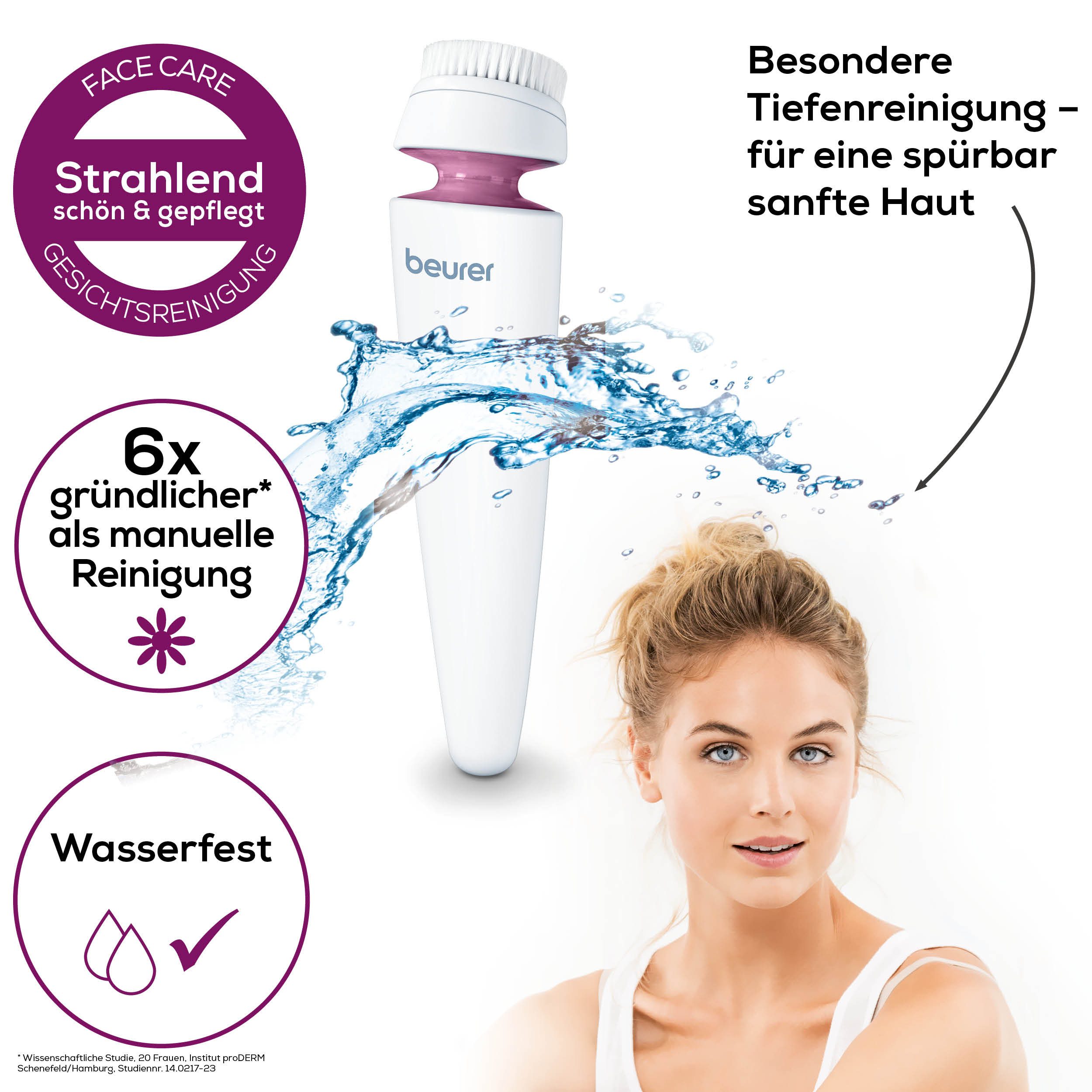 BEURER Elektrische Gesichtsreinigungsbürste FC 95 für eine gründliche und sanfte Gesichtsreinigung, wasserfest, Mit 2 Intensitätsstufen und 4 Bürstenaufsätzen für jeden Hauttyp lila|weiß