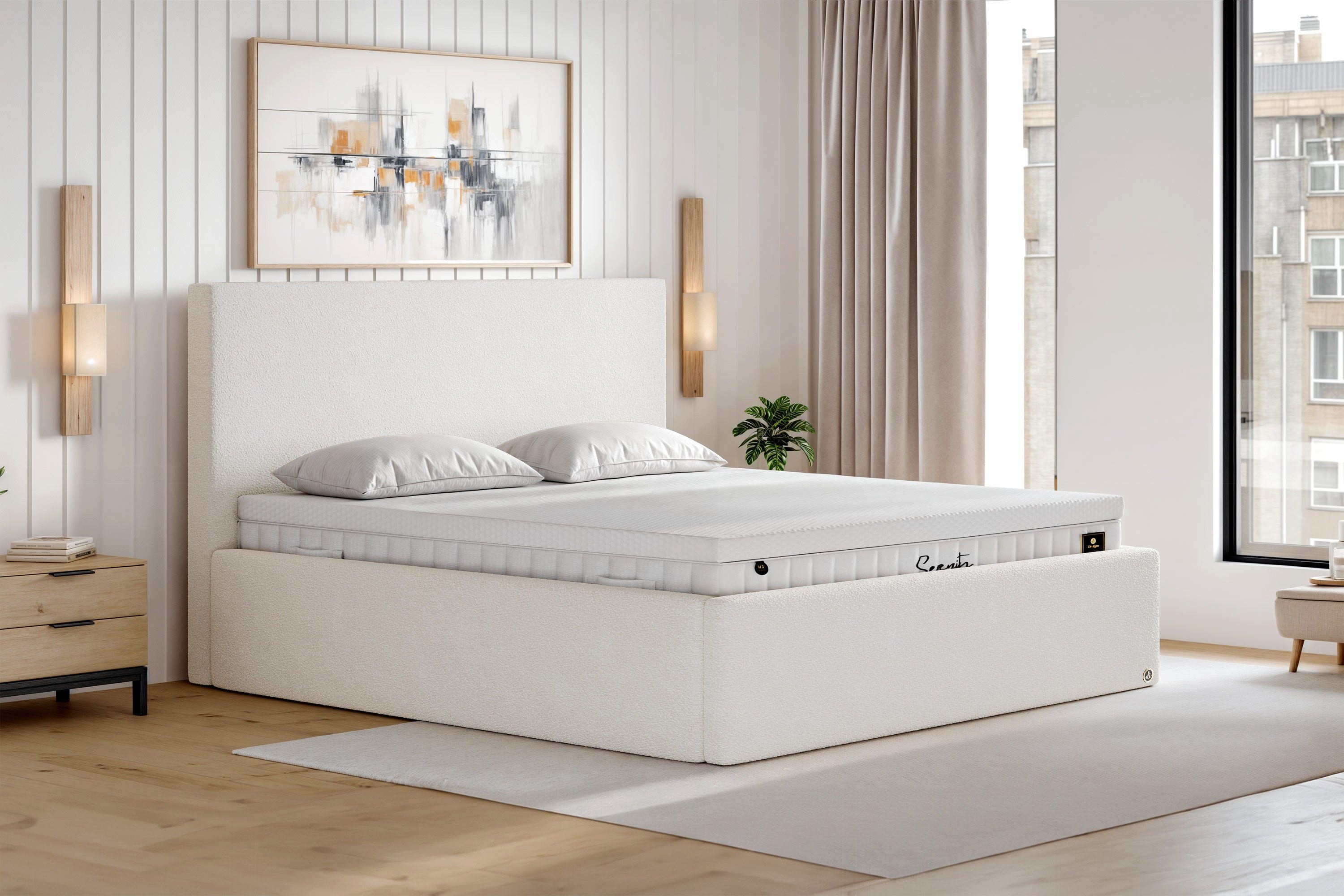 Di-Lara Polsterbett Maria 100x200 cm (Creme, mit Lattenrost(e) und XXL Bettkasten), ohne Matratze(n) und Topper