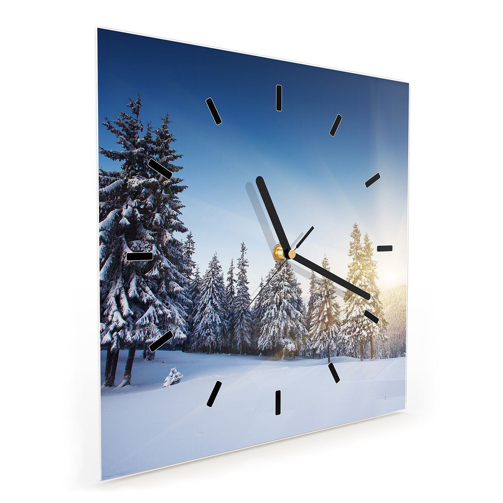 Primedeco Wanduhr Glasuhr Wanduhr Schnee mit x Motiv Sonnenuntergang Wandkunst Größe cm 30 30 im