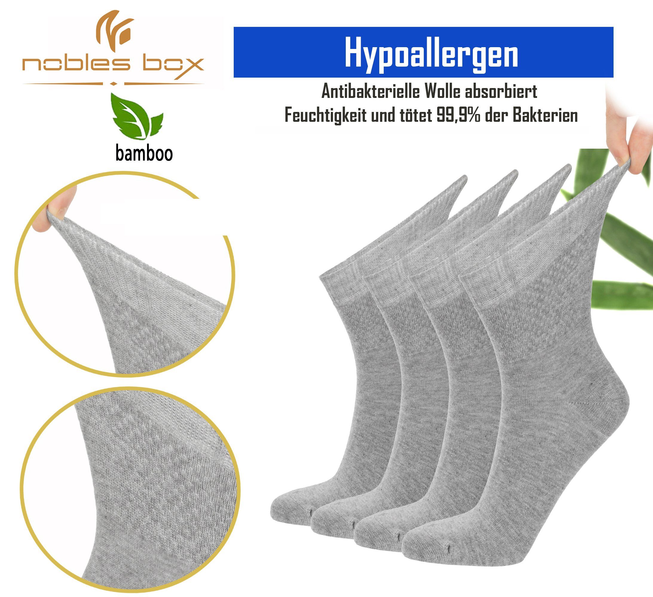 4 Bambussocken Paar) Diabetikersocken Damensocken (Beutel, NoblesBox Grau