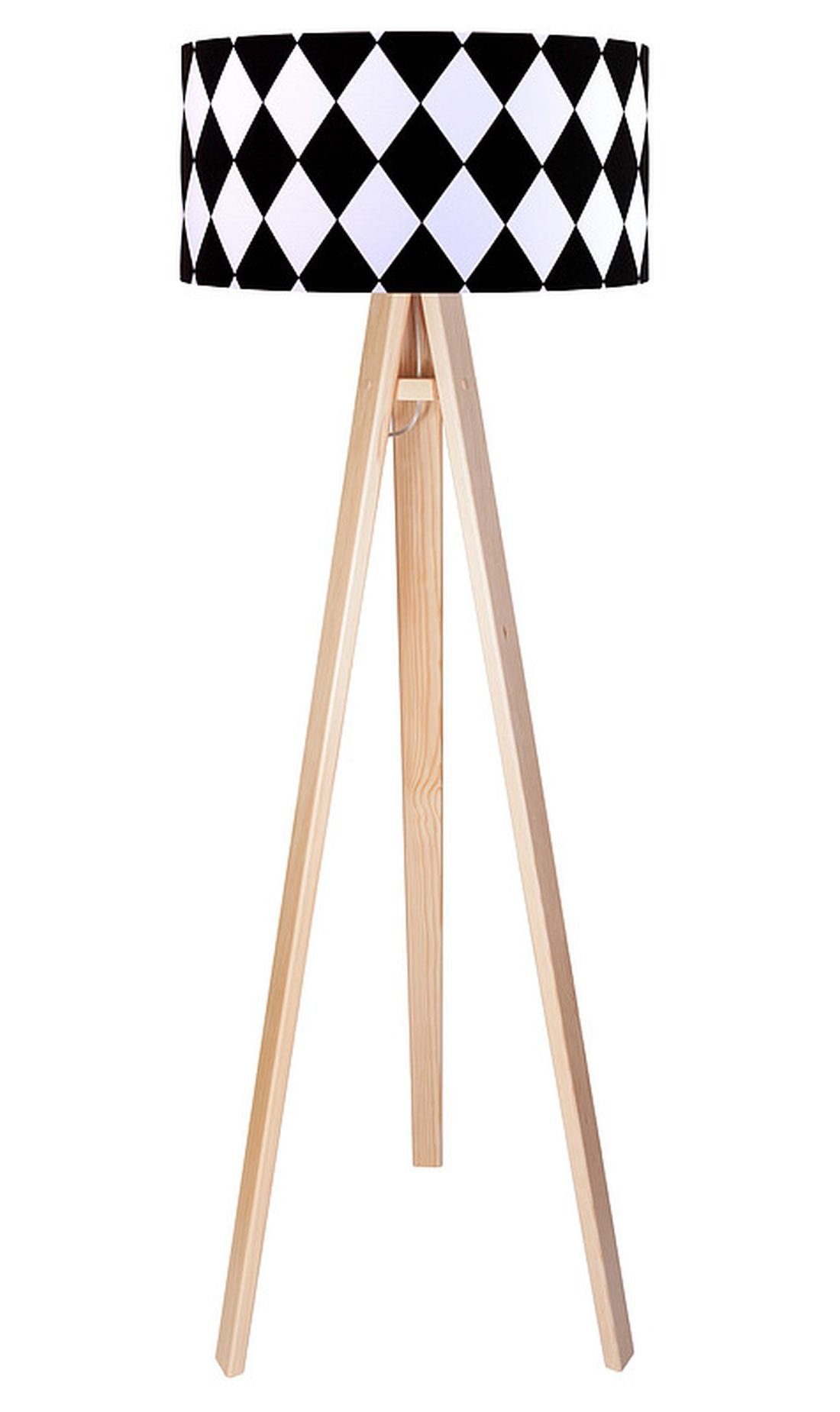 Licht-Erlebnisse Stehlampe ERIK, ohne Leuchtmittel, Standleuchte Tripod Schwarz Weiß Natur E27 140 cm Holz Stoff gemustert