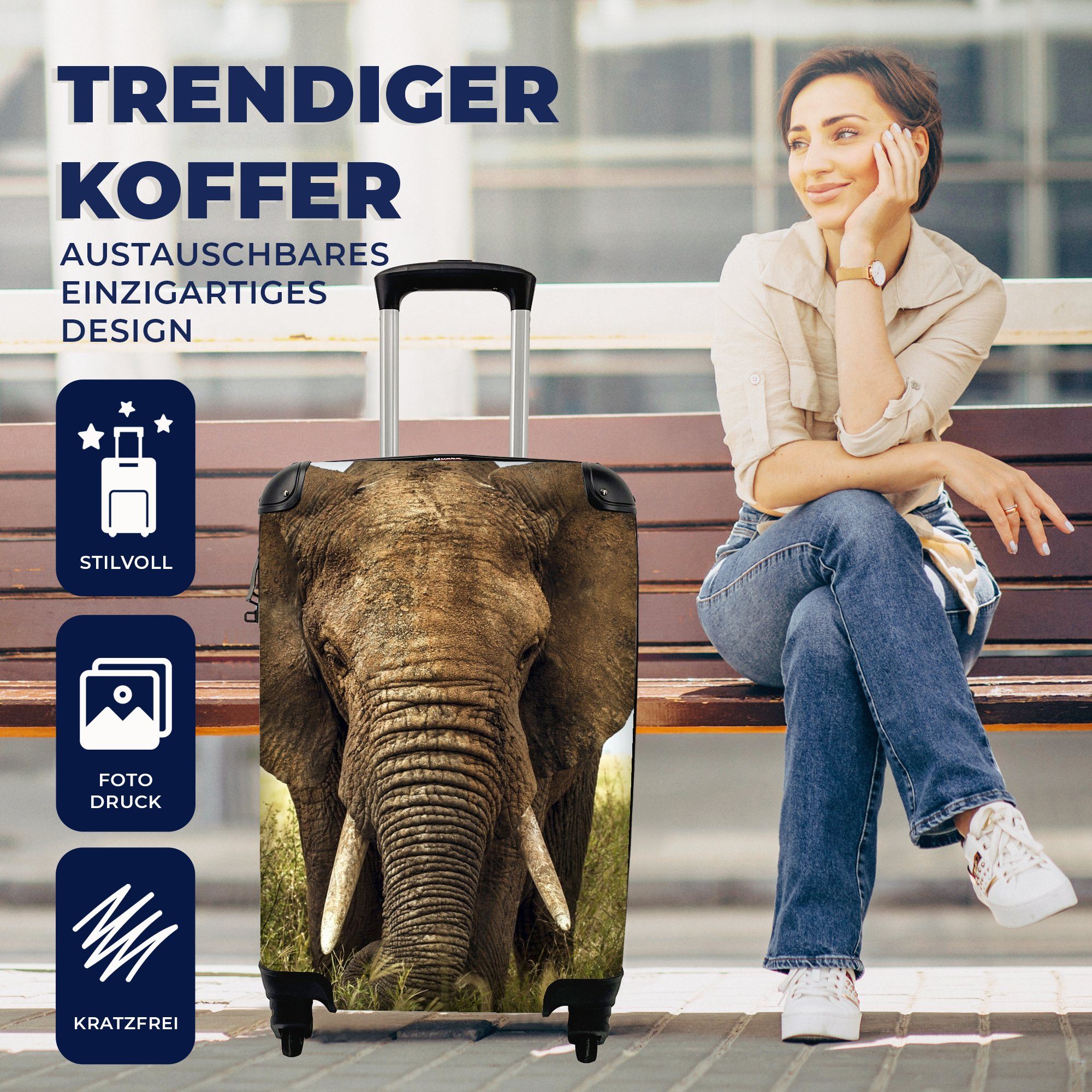 MuchoWow Handgepäckkoffer Trolley, Gras Elefant Rollen, rollen, - Natur, - Reisekoffer mit Ferien, Handgepäck für 4 Reisetasche Tiere 