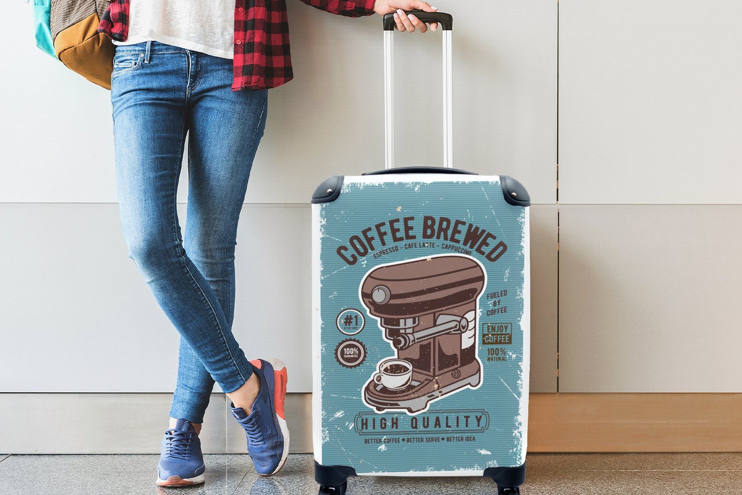 MuchoWow Handgepäckkoffer Kaffeemaschine - 4 rollen, mit Kaffee Trolley, - Reisetasche Ferien, - Reisekoffer Handgepäck für Retro Zeichnung, Rollen