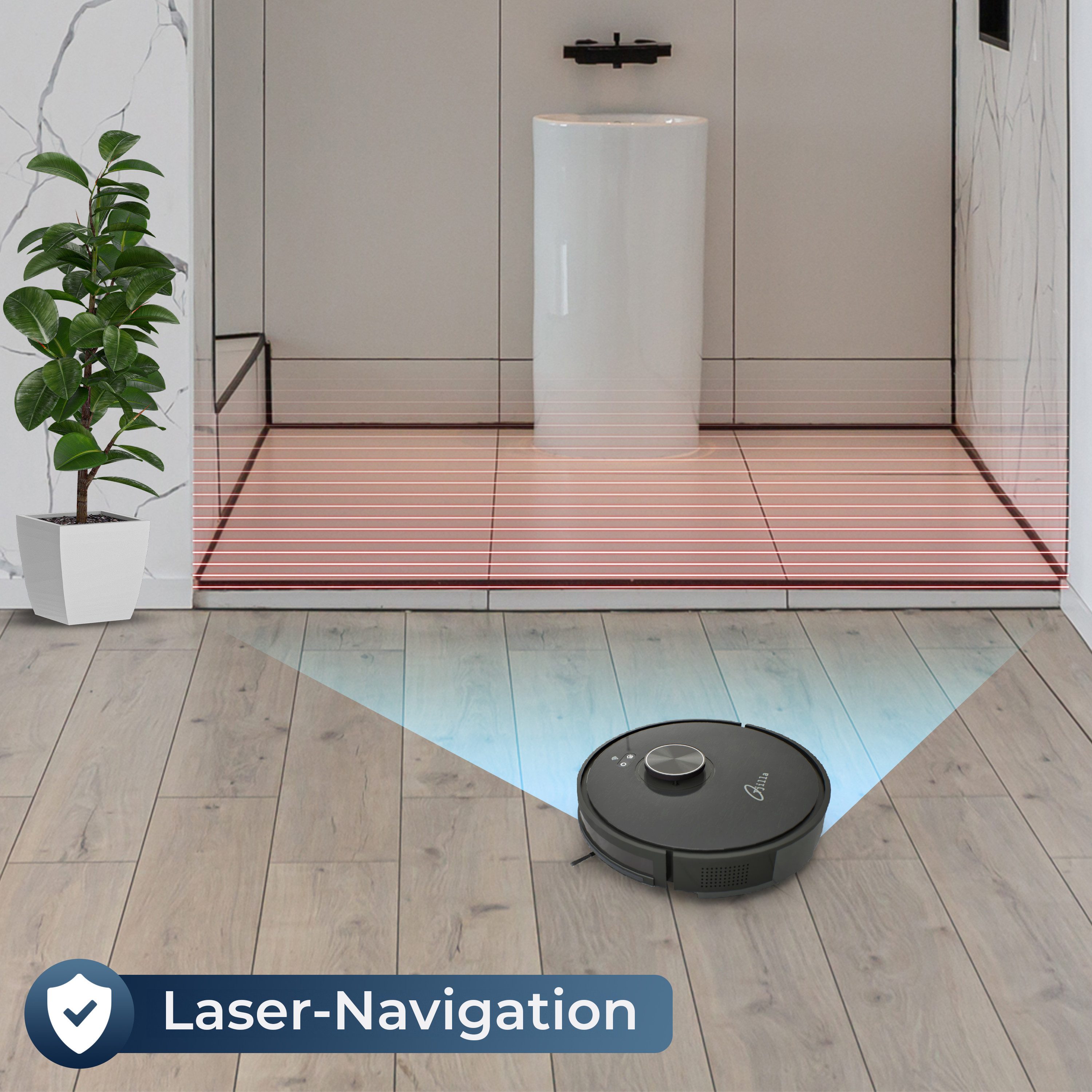 Tjilla Saugroboter C150 mit Wischfunktion, 32 W, beutellos, Wischmodus,App-Steuerung,Geräuschlos,Niederländische-Marke,Lidar-Laser