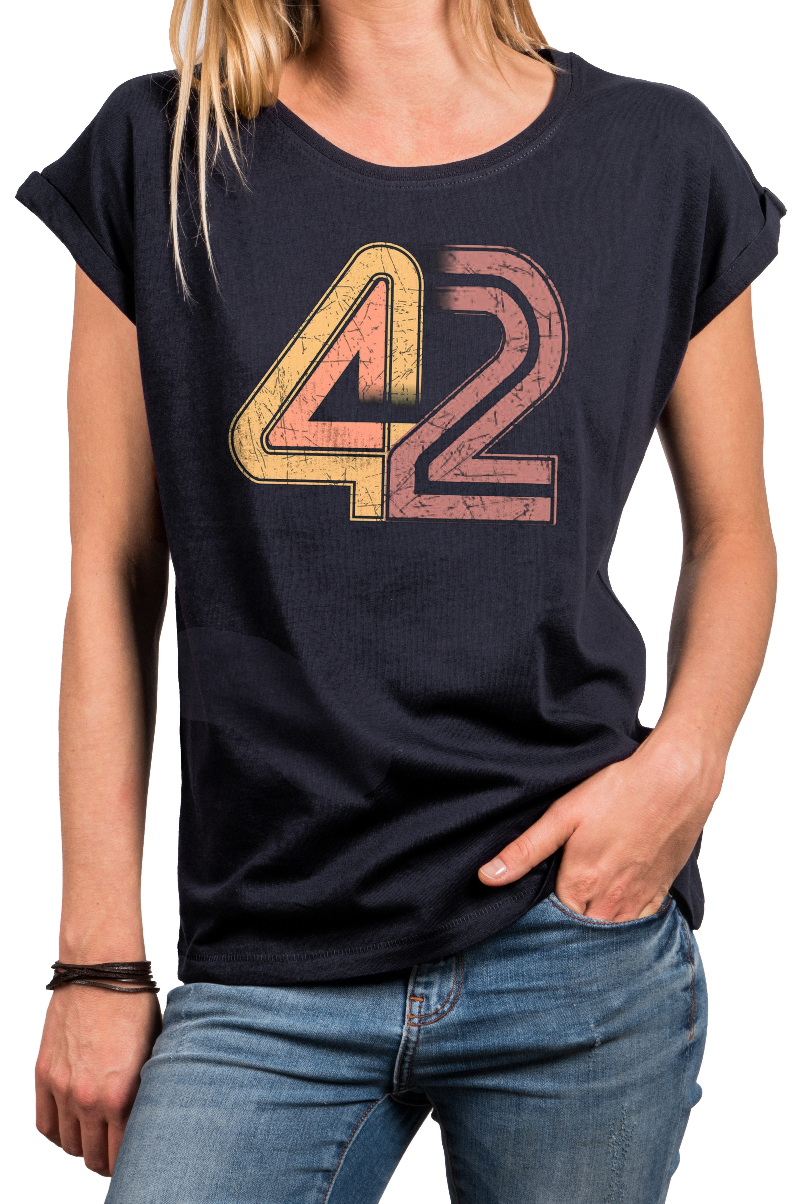 MAKAYA T-Shirt Vintage Damen-Top mit Zahl 42 – Galaxie-Motiv im Retro-Stil günstig online kaufen