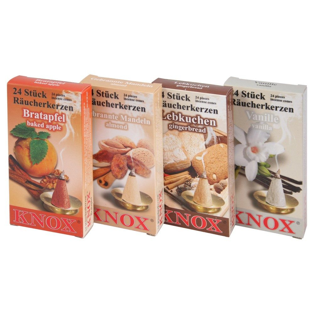 KNOX Duftkerze Räucherkerzen 4er Set - Weihnachtsbäckerei - jeweils 24 Stück, Bratapfel, Gebrannte Mandeln, Lebkuchen, Vanille - Made in Germany