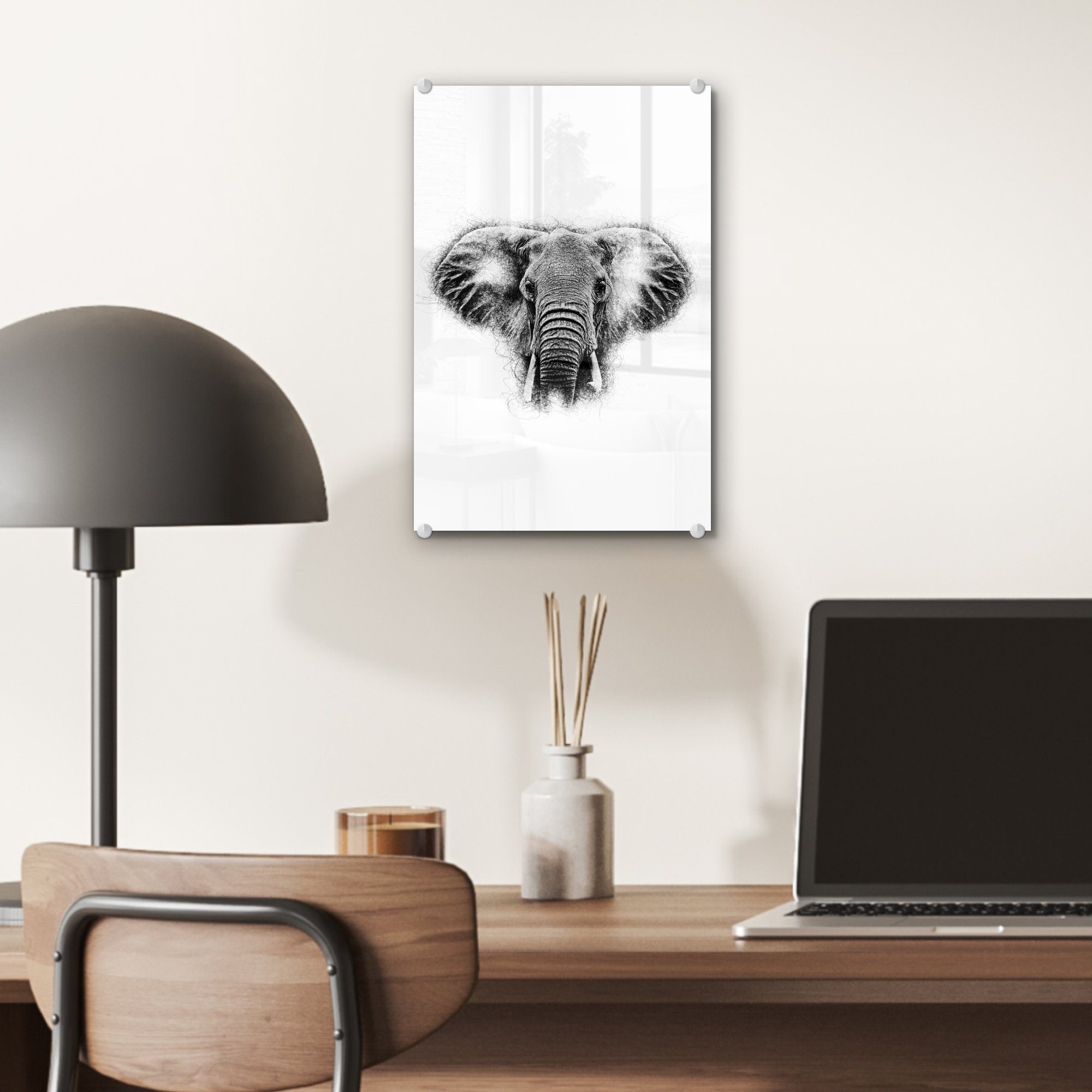 MuchoWow Acrylglasbild Elefant - Schwarz Foto - Wanddekoration Tasse, Bilder Glasbilder auf Wandbild - Weiß - auf - St), Glas Glas bunt - (1