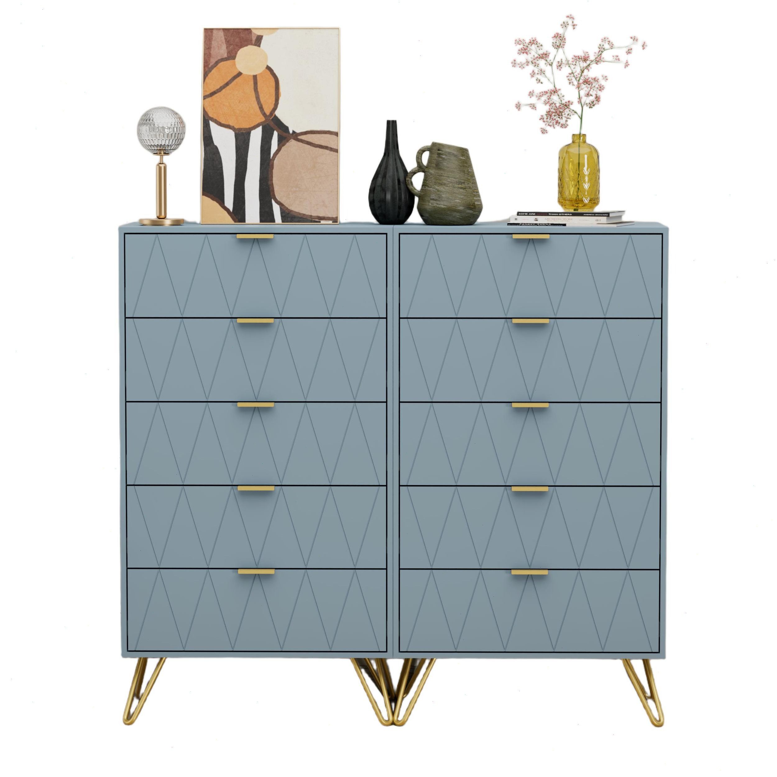 UEV Kommode mit 5 Schubladen, Highboard, Schmal Beistellschrank (Mehrzweckschrank für Wohnzimmer Schlafzimmer Büro Flur, Sideboard mit Schubladen weiß/schwarz/dunkel blau/graublau), 60x34x110cm, Schubladenschrank, Aufbewahrungsschrank, mit Kisppschutz