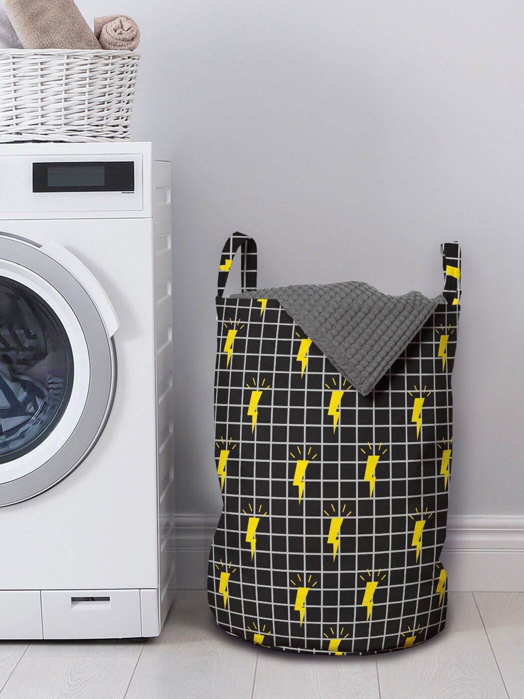 Symbole mit Wäschekorb Elemente Donner Griffen Kunst für Modern Waschsalons, Kordelzugverschluss Wäschesäckchen Abakuhaus