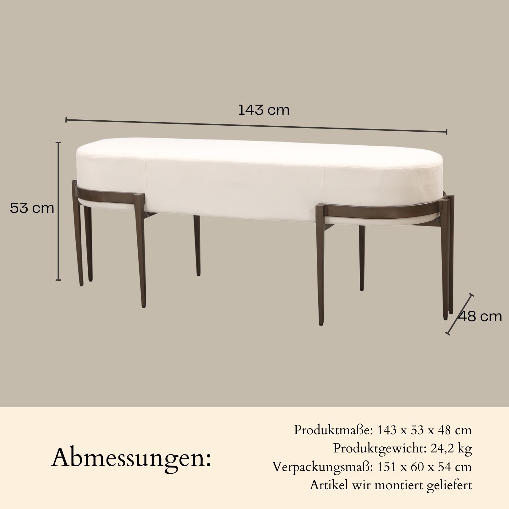 Marrakesch Orient & Mediterran Interior Sitzbank Moderne Sitzbank Adonia handgemacht aus Polster in Creme-Bronze 143 cm (1-St), Handarbeit