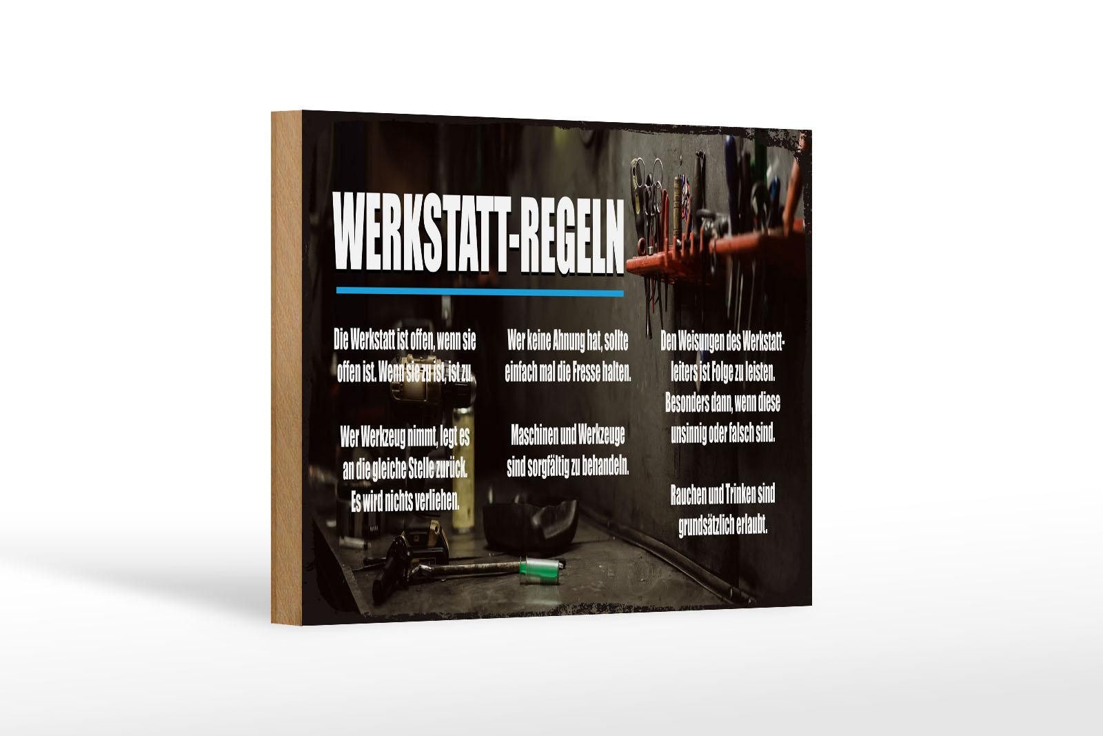 Femer GmbH Holzbild Spruch 12x18 cm Werkstatt Regeln offen wenn offen, (1 St), Glatte Holzfaserplatte (MDF), vorn beschichtet