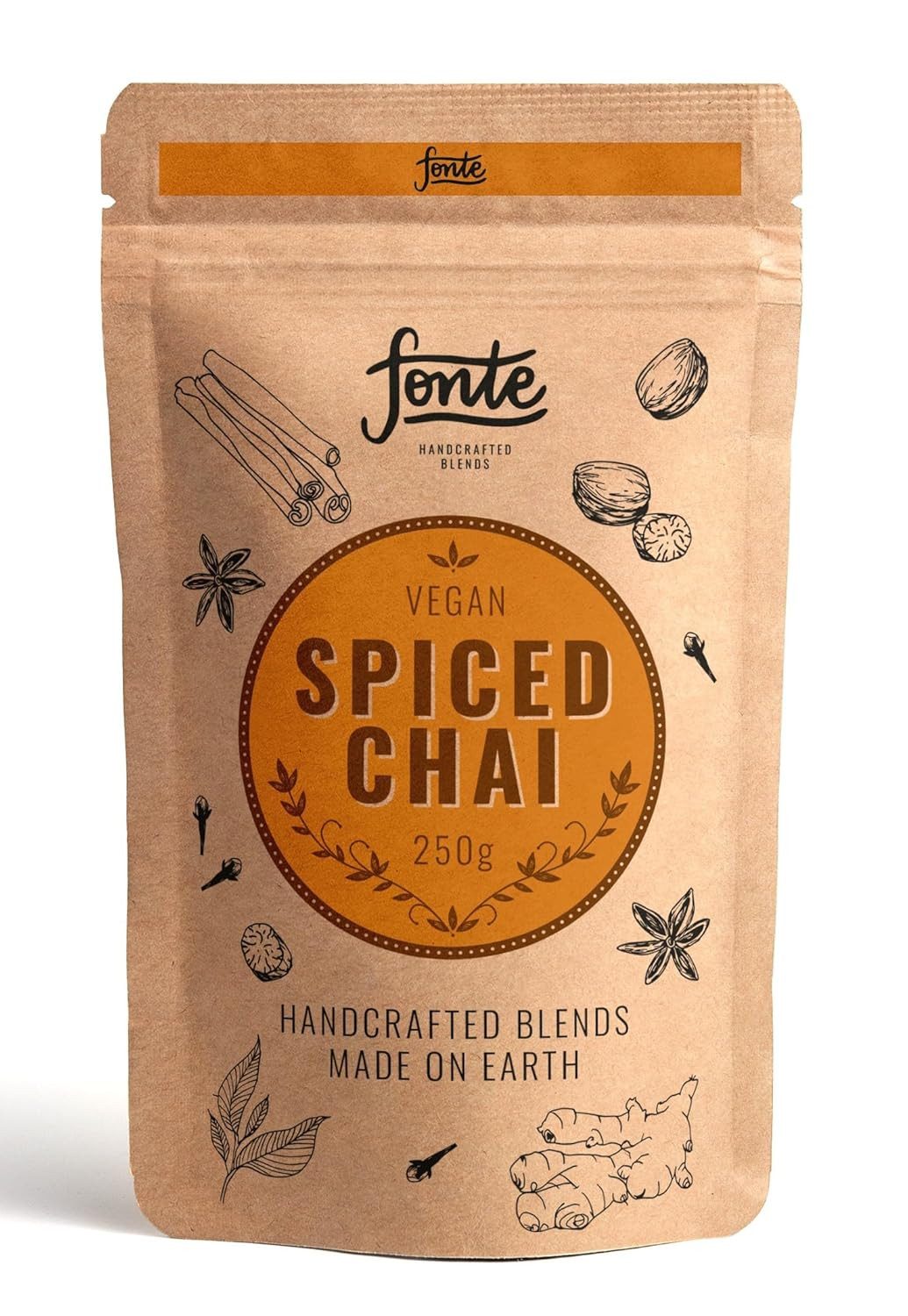 LK Trend & Style Tee Fonte Handcrafted Vegan Spiced Chai Tee Mischung, 1 x 250 g, (250g sind ca 12 Portionen, Ingwer und Zimt), Traditionelle Gewürzmischung mit Schwarztee