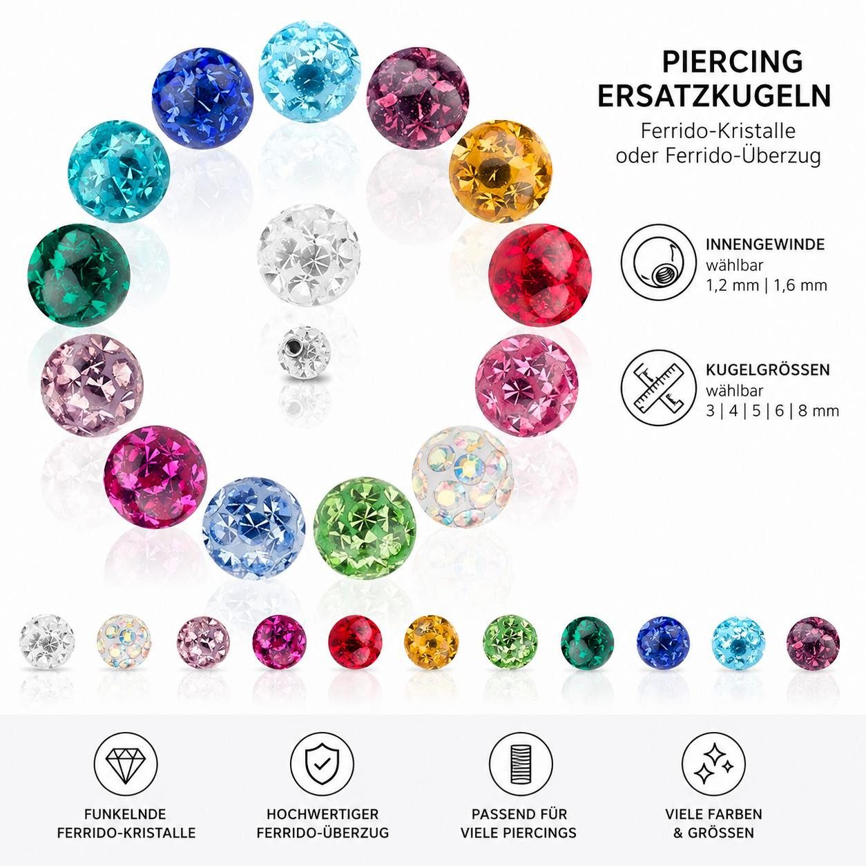 Taffstyle Piercing-Set Piercing Ersatzkugeln Ferido Kristall Schraubkugeln Innengewinde (Funkelnde Kristall Ersatzkugeln für zahlreiche Piercings mit hochwertig – Bild 3 von 4