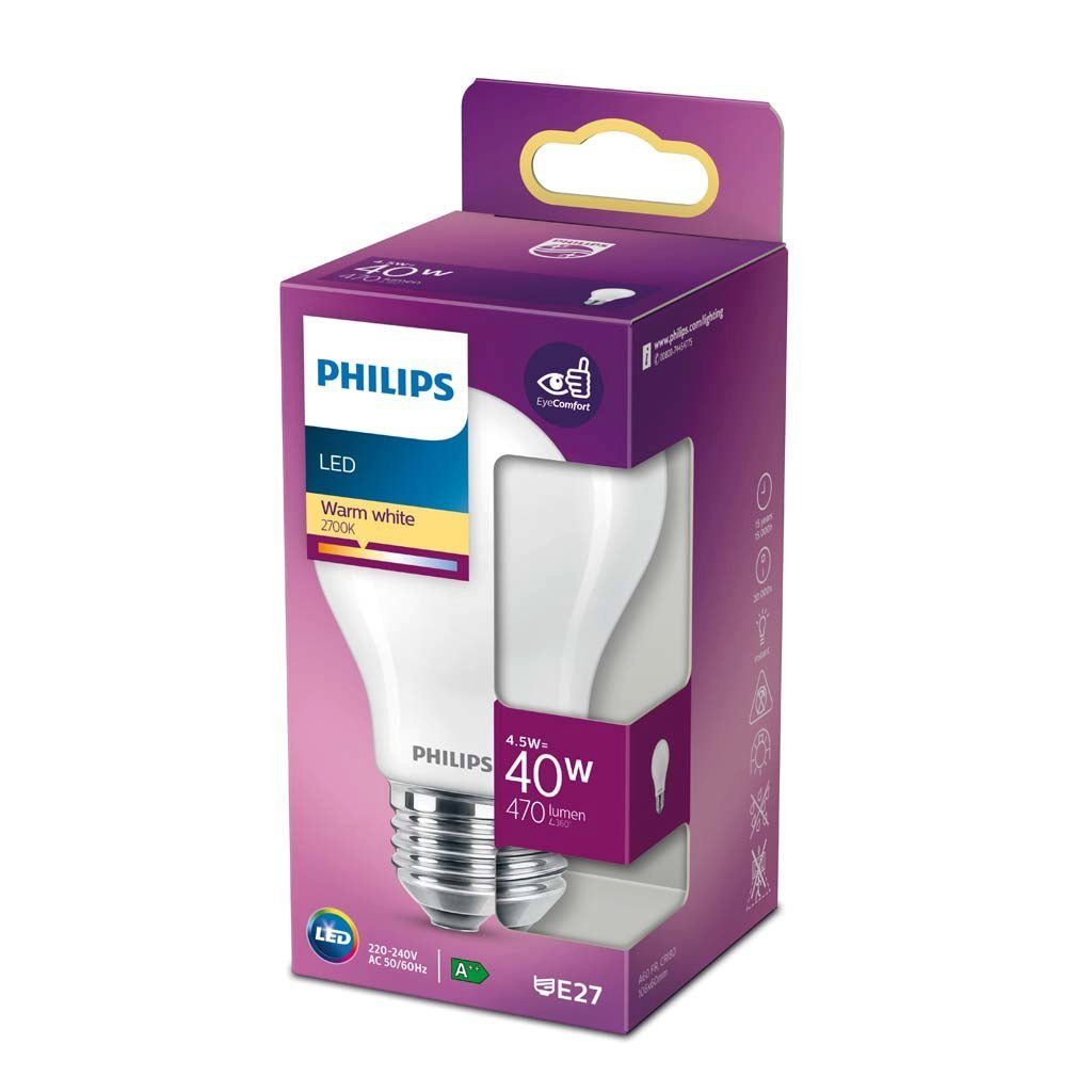 Philips Lighting LED-Leuchtmittel LED ersetzt 40W, E27, warmweiß (2700 Kelvin), 470 Lumen, matt