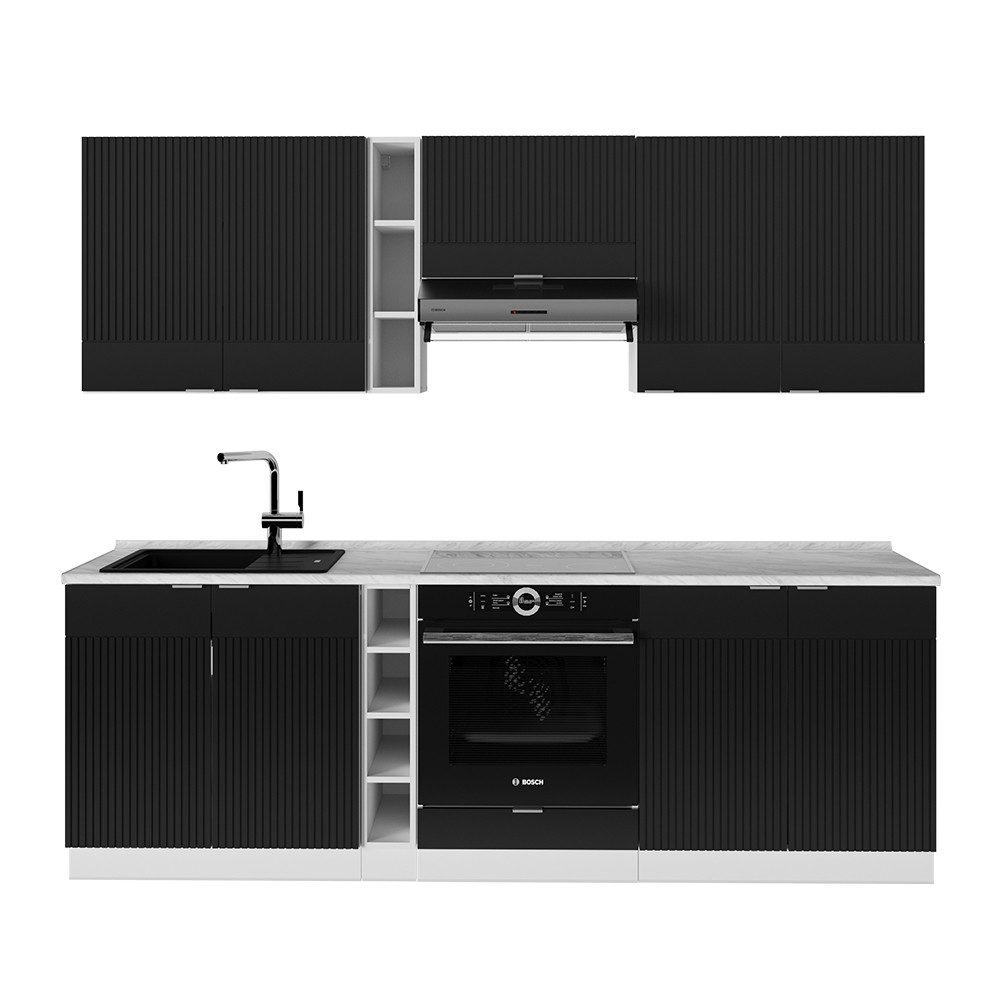 Vicco Küchenzeile Fame-Line, Schwarz gestreift/Weiß/Weiß, 235 cm ohne Arbeitsplatte