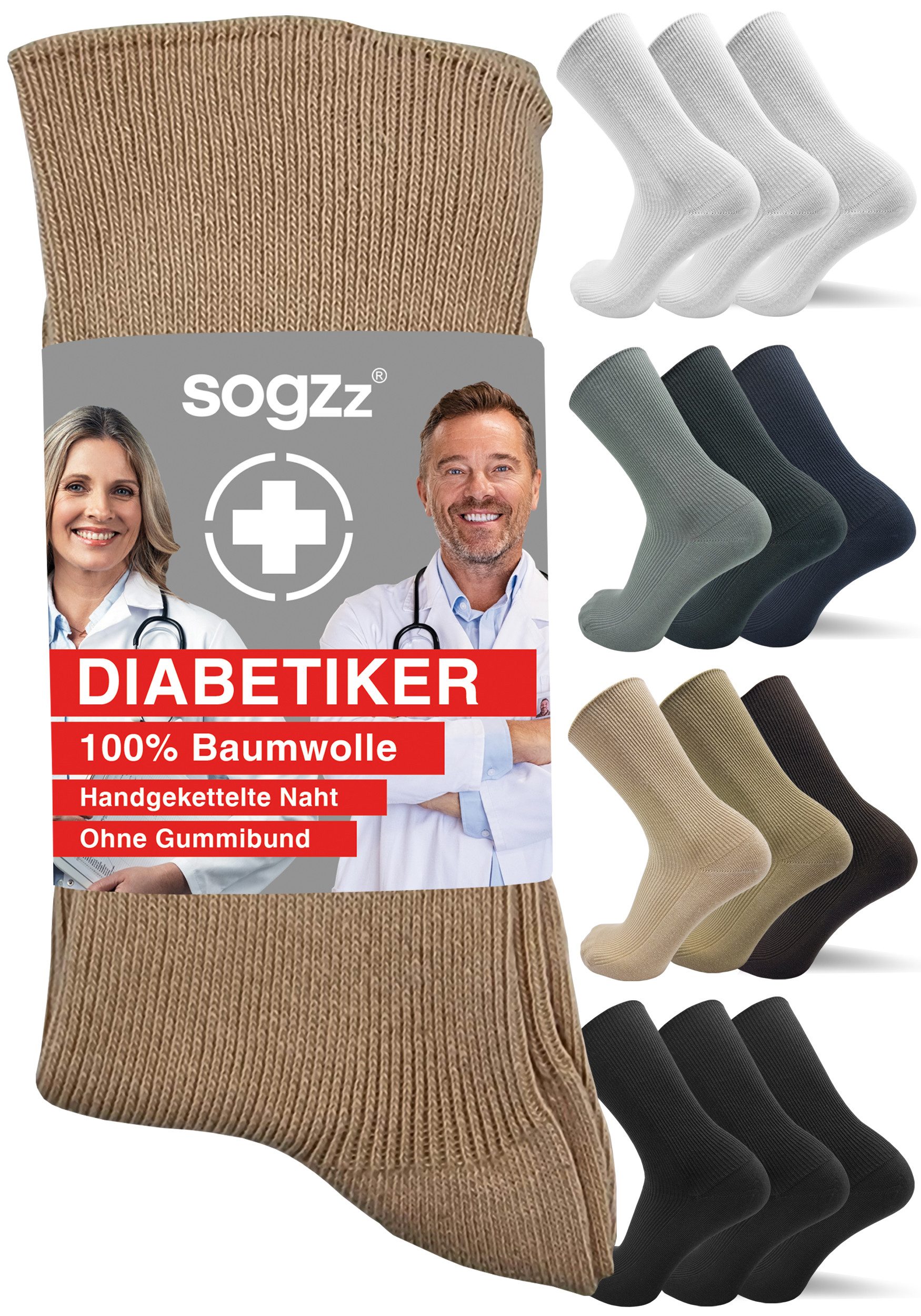 sogzz Diabetikersocken 6-12 Paar Herren 100% Baumwolle ohne Gummi ohne Naht Diabetiker Socken (Ohne Gummibund, 12-Paar)