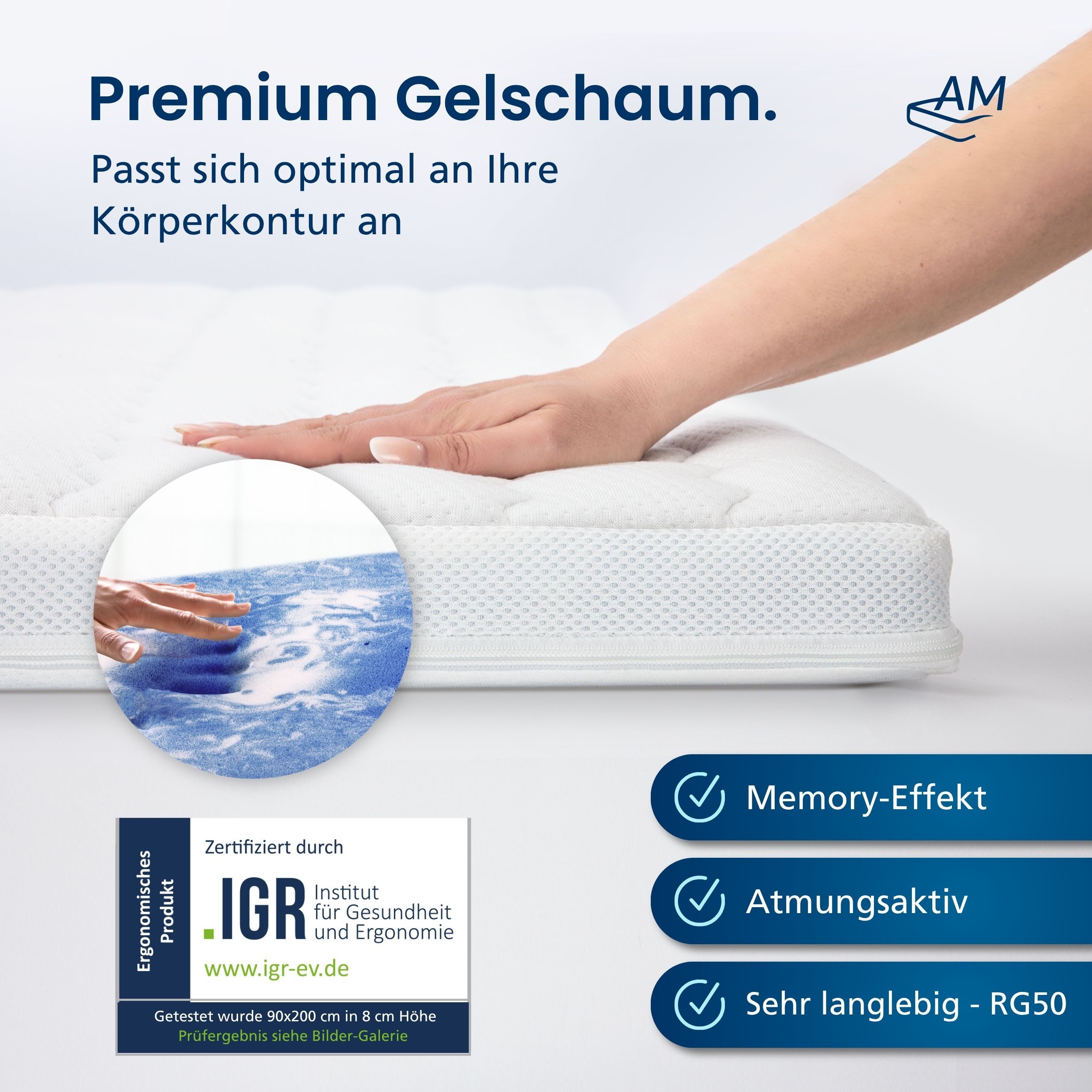 AM Qualitätsmatratzen, Topper 7-Zonen Memory Foam Gelschaum-Topper, Optimale Druckentlastung, RG50, 8 cm hoch, Gelschaum, 80x200 cm