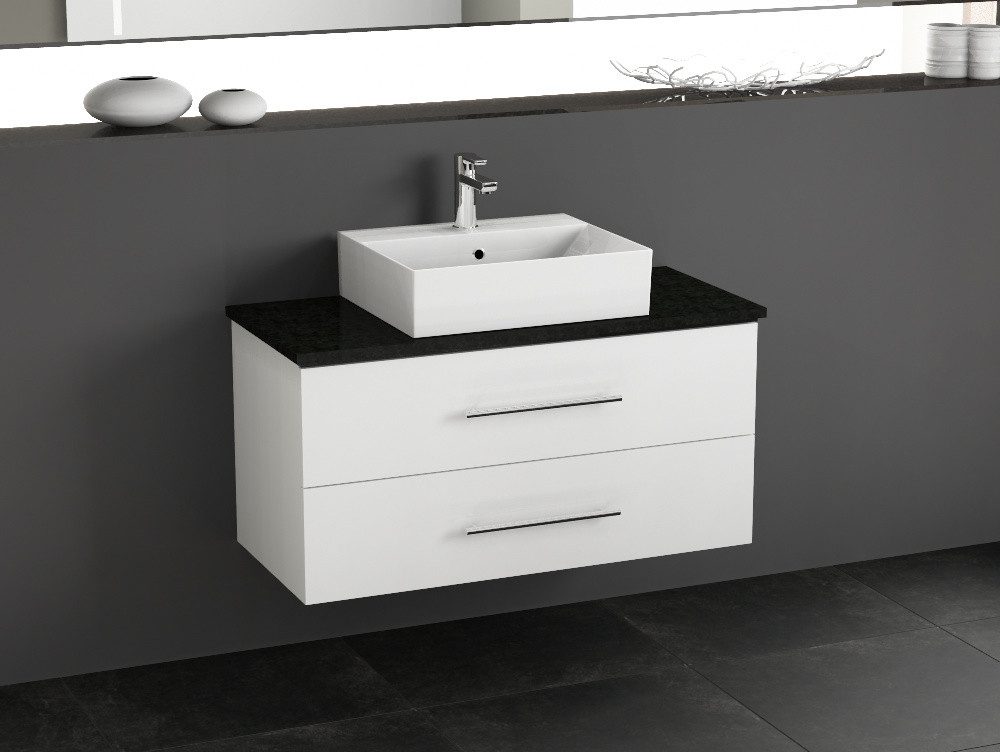Aqua Bagno Badmöbel-Set Badmöbel-Set 100 cm Weiß Hochglanz mit Keramikbecken & Steinplatte, (3-St), einfache Montage