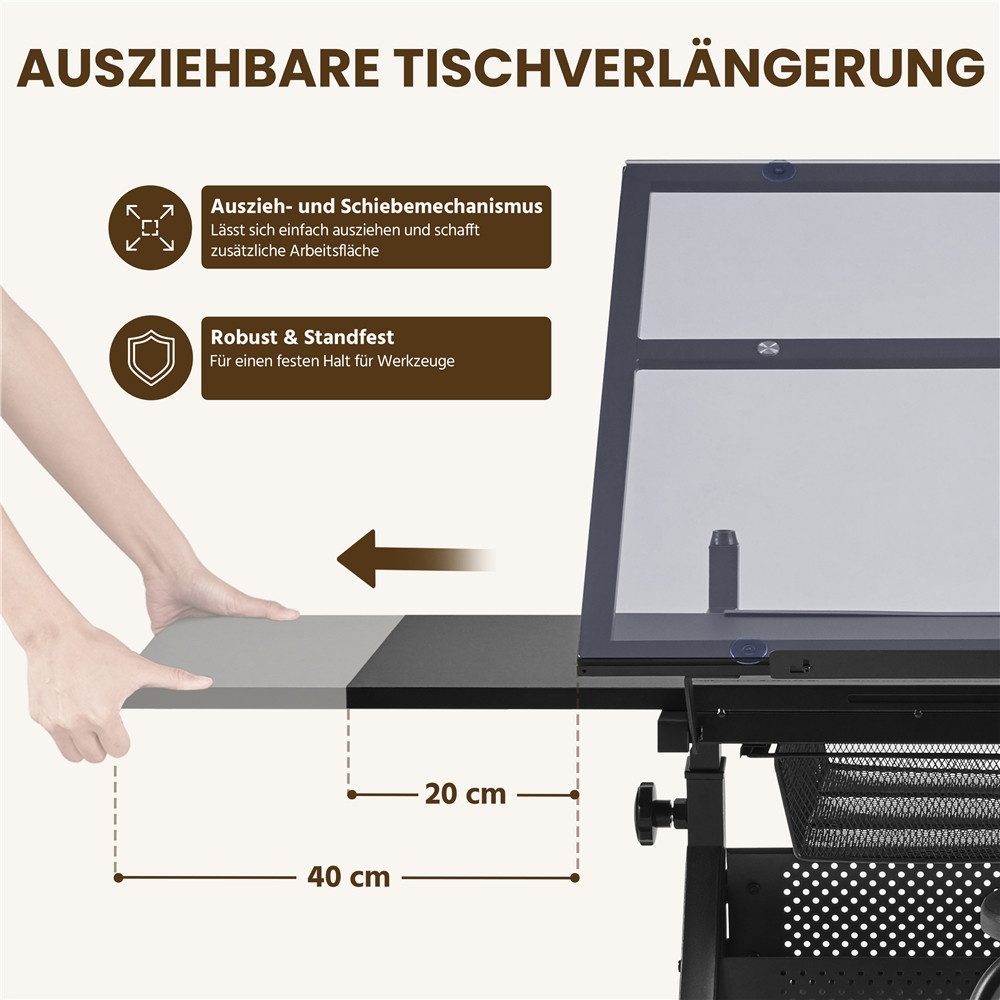 Yaheetech Zeichentisch Glas-Zeichentisch mit Hocker, mit Schubladen, Ablage & Stauraum, Verstellbare Tischplatte 0–40° – Bild 5 von 5