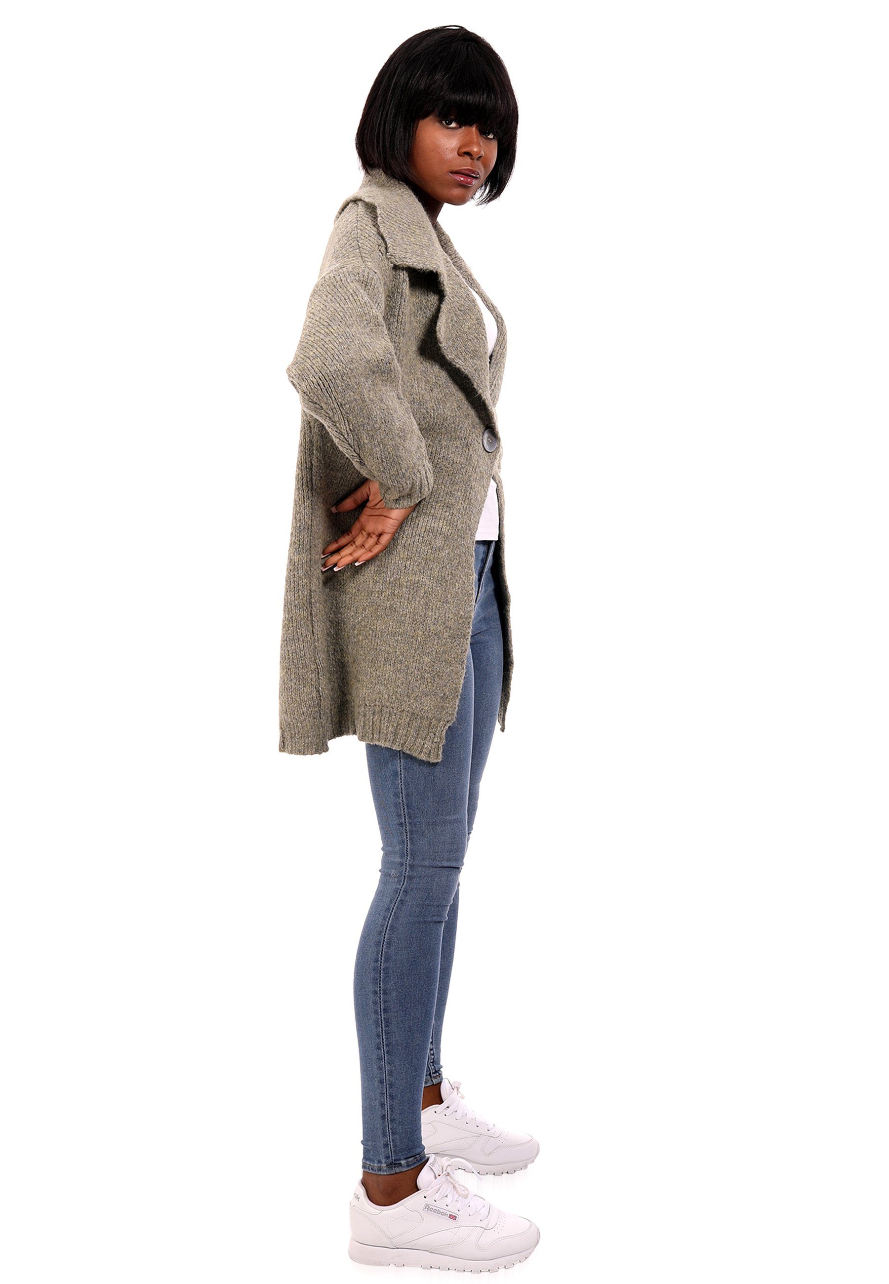 -tlg) Cardigan (Kein mit Size 1 One & Schalkragen beige Set, Strickjacke Basic Style YC Fashion